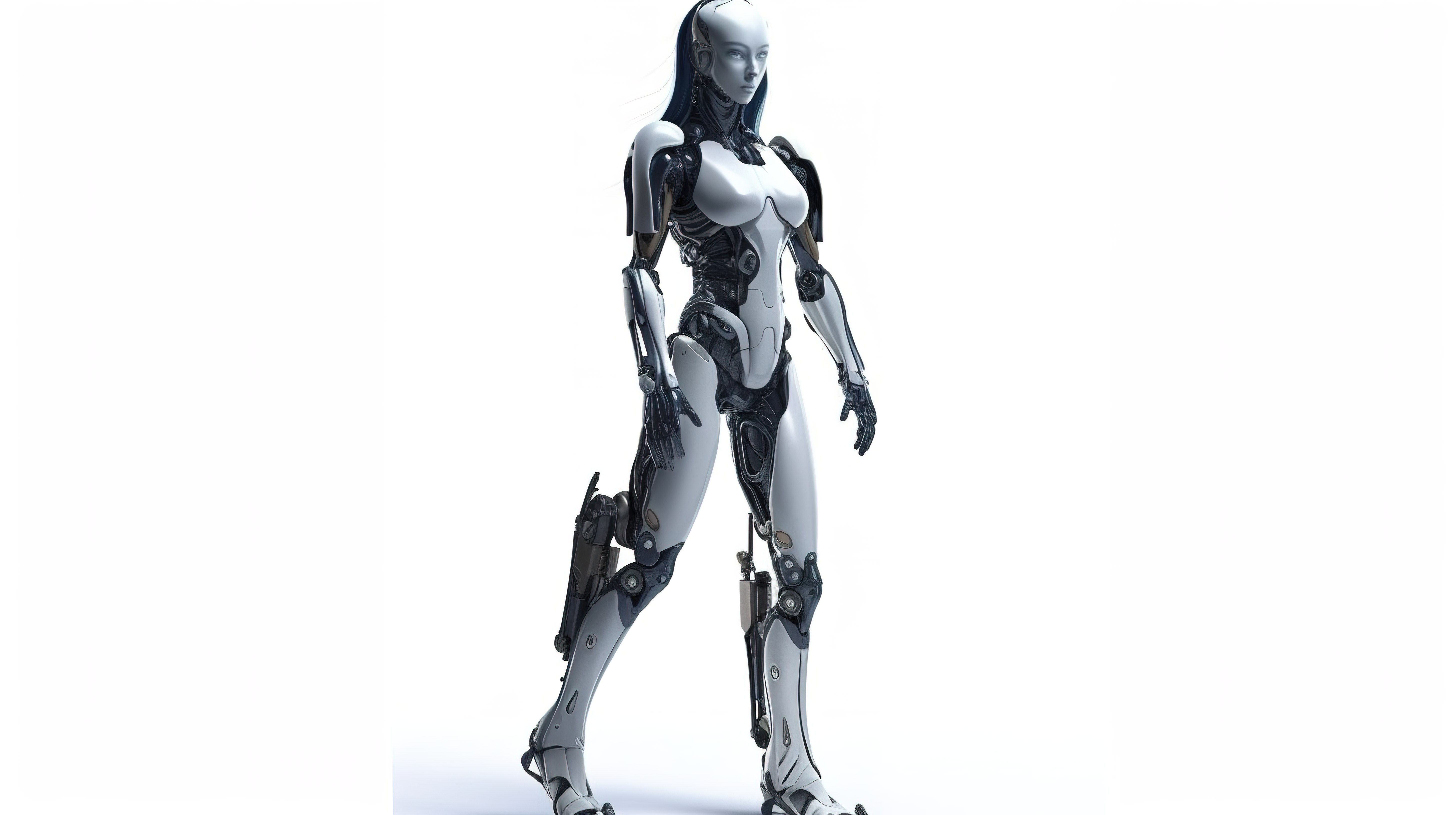 白色背景上女性机器人机器人的全长 3D 渲染图片