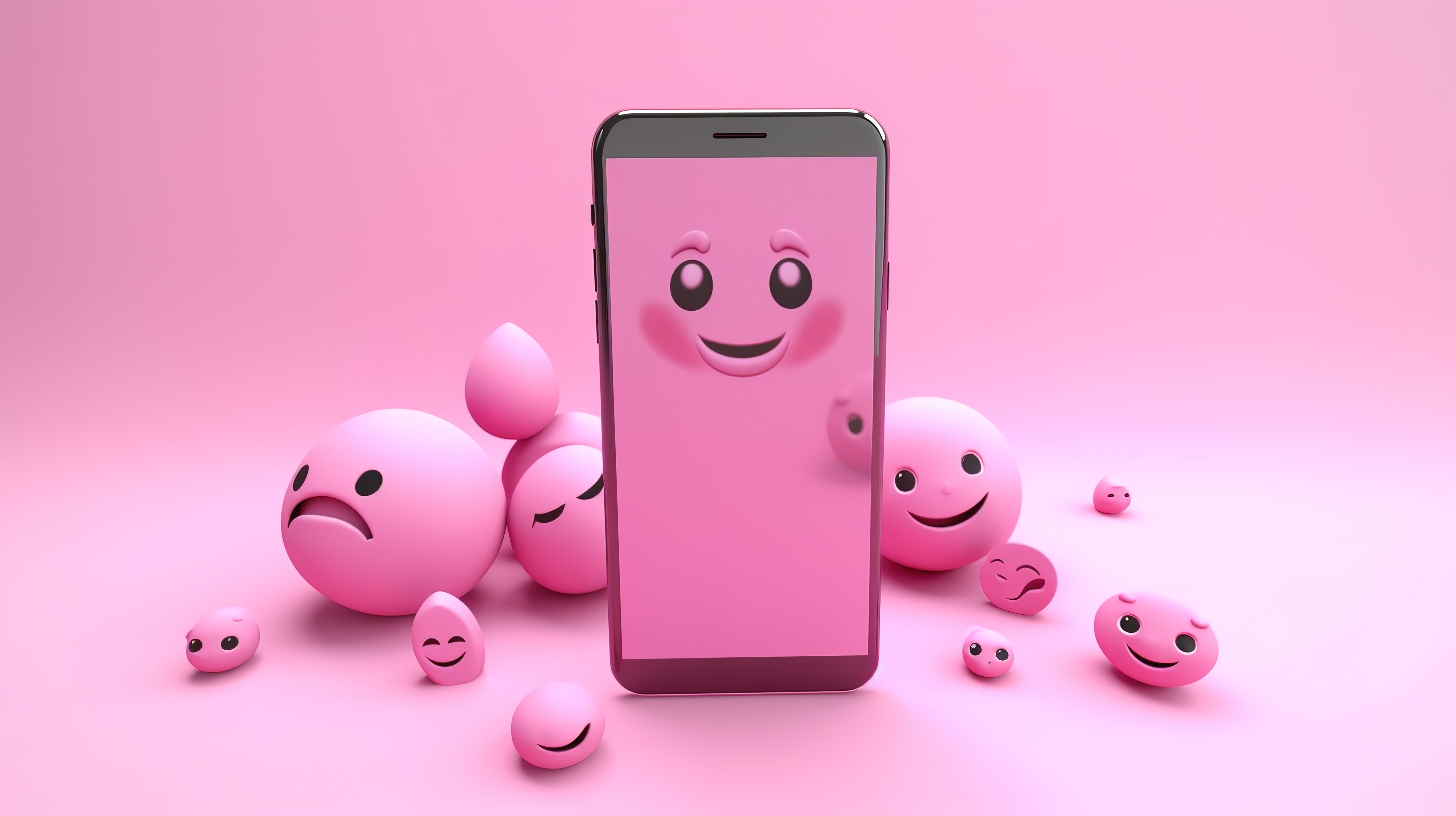 粉红色背景，带有表情符号和 3D 渲染中的空白屏幕智能手机图片