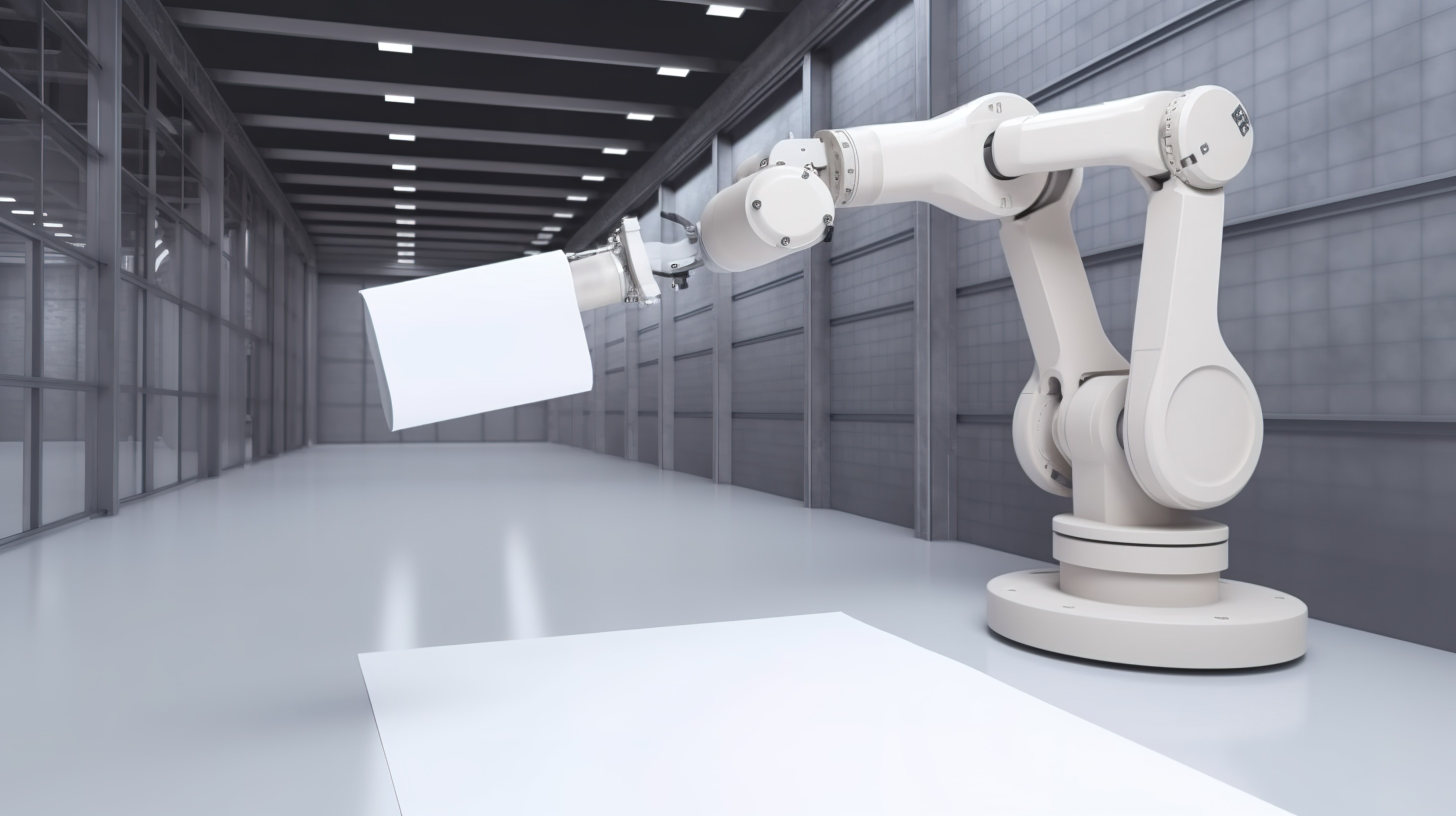 行动 3D 渲染中的机器人手臂在制造工厂中持有一张空白白皮书图片