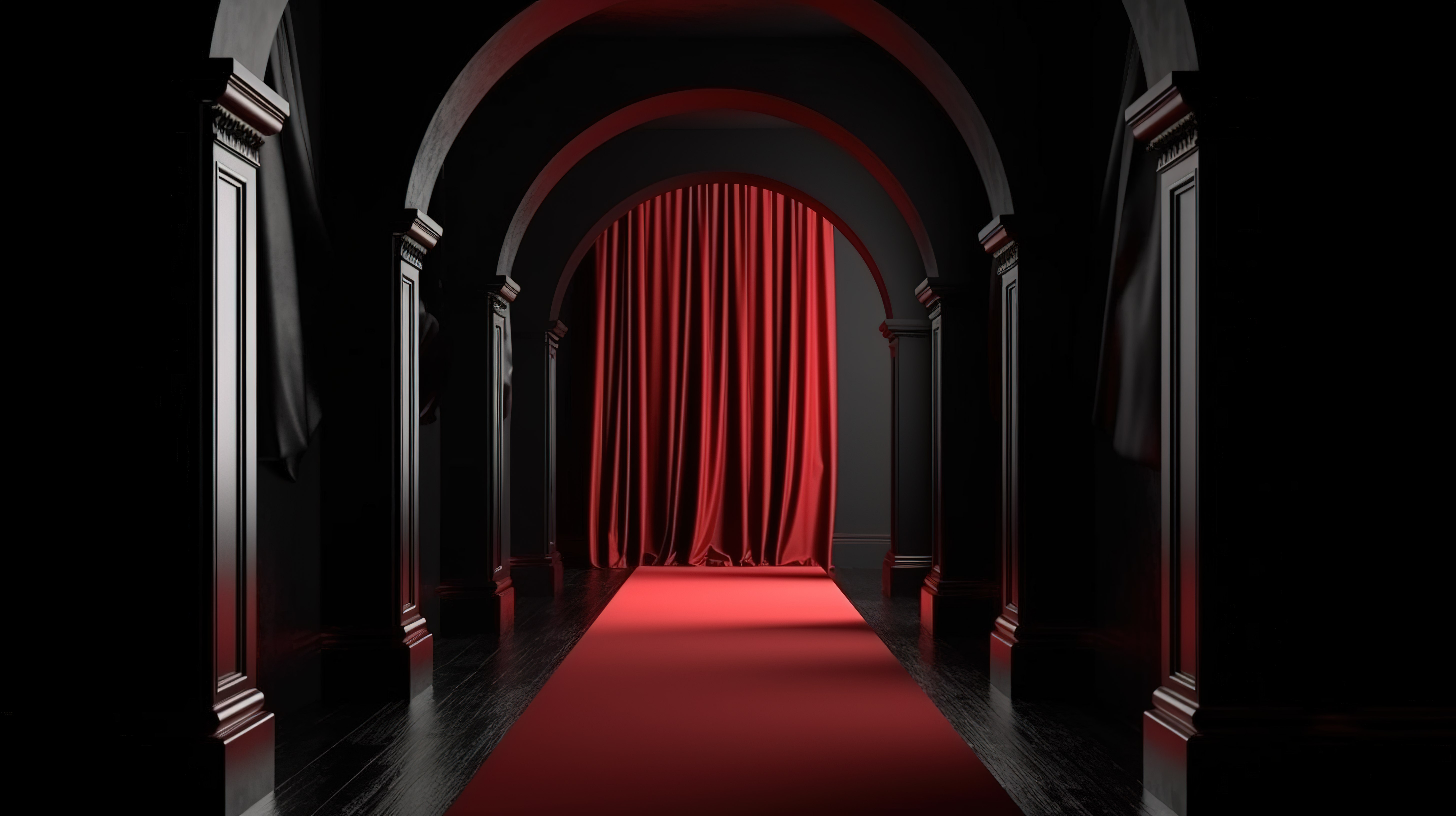 建筑奇迹 3D 渲染走道拱形黑色走廊和带窗帘的红地毯图片
