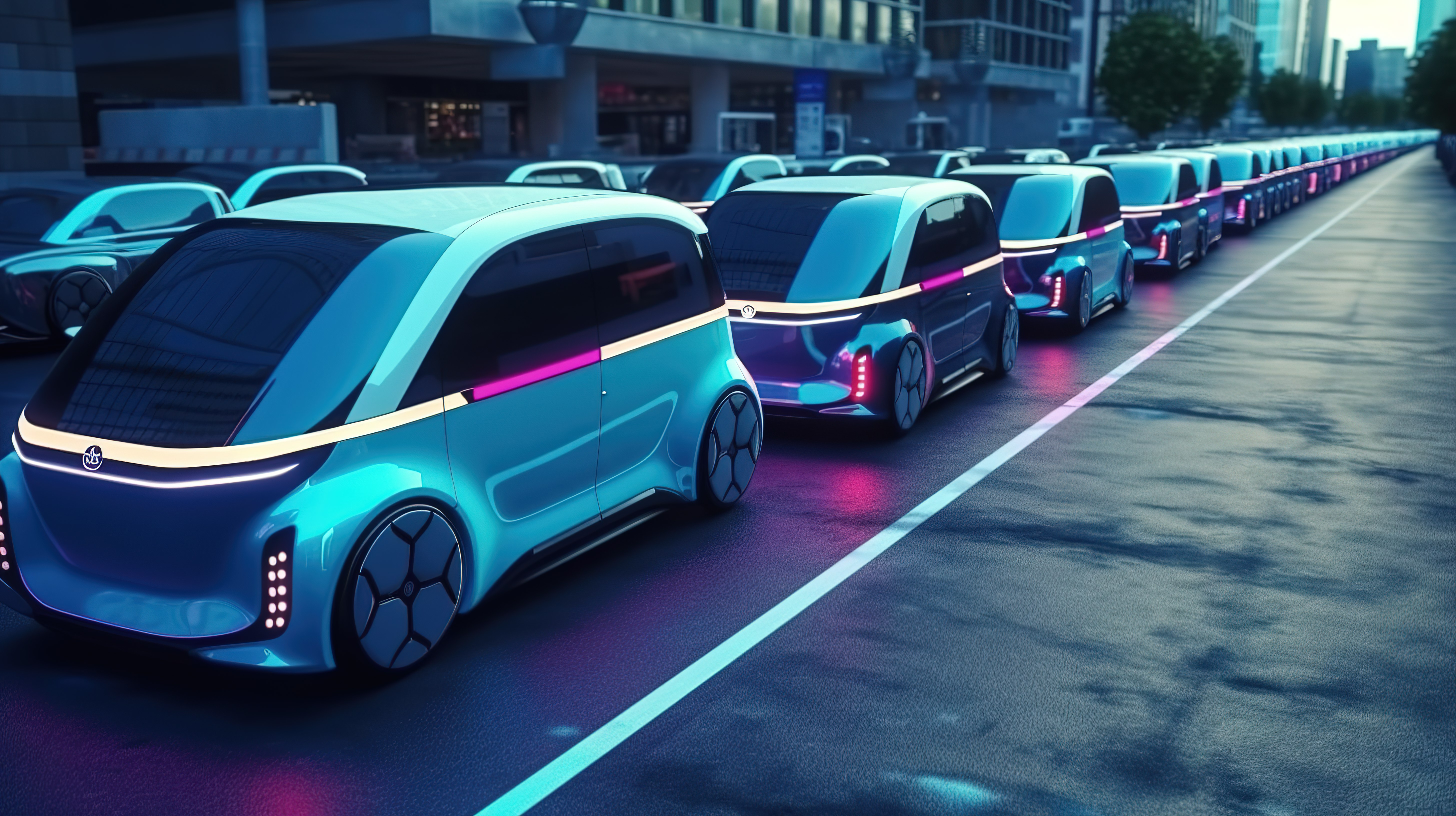 人工智能驱动的自动驾驶电动汽车在繁忙的城市街道上行驶的 3D 渲染图片