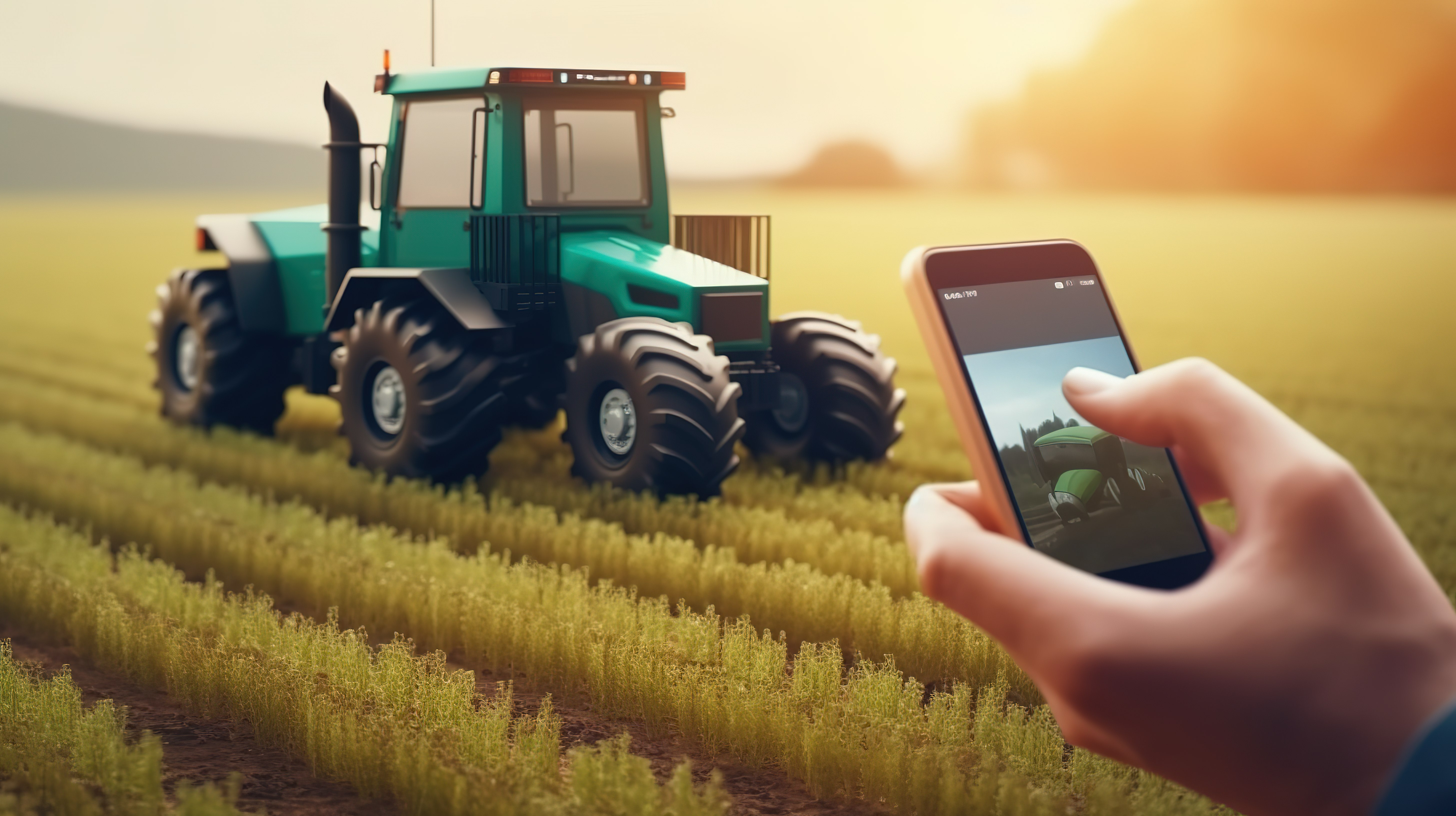 智能农业现实 3D 插图：农民使用移动技术操作自主拖拉机图片