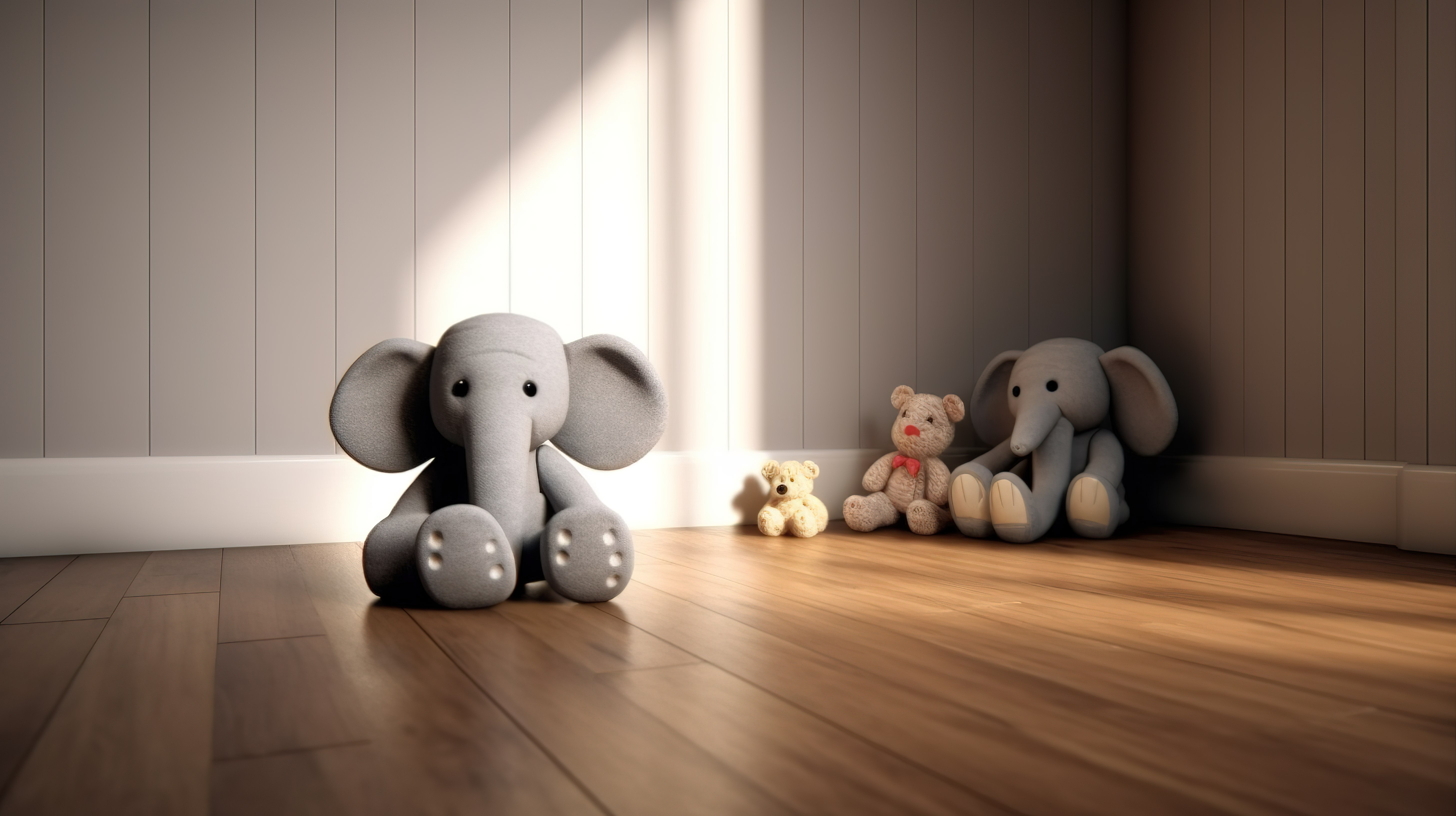 儿童房间铺有深色木地板，展示毛绒玩具大象和泰迪熊插图的 3D 渲染图片