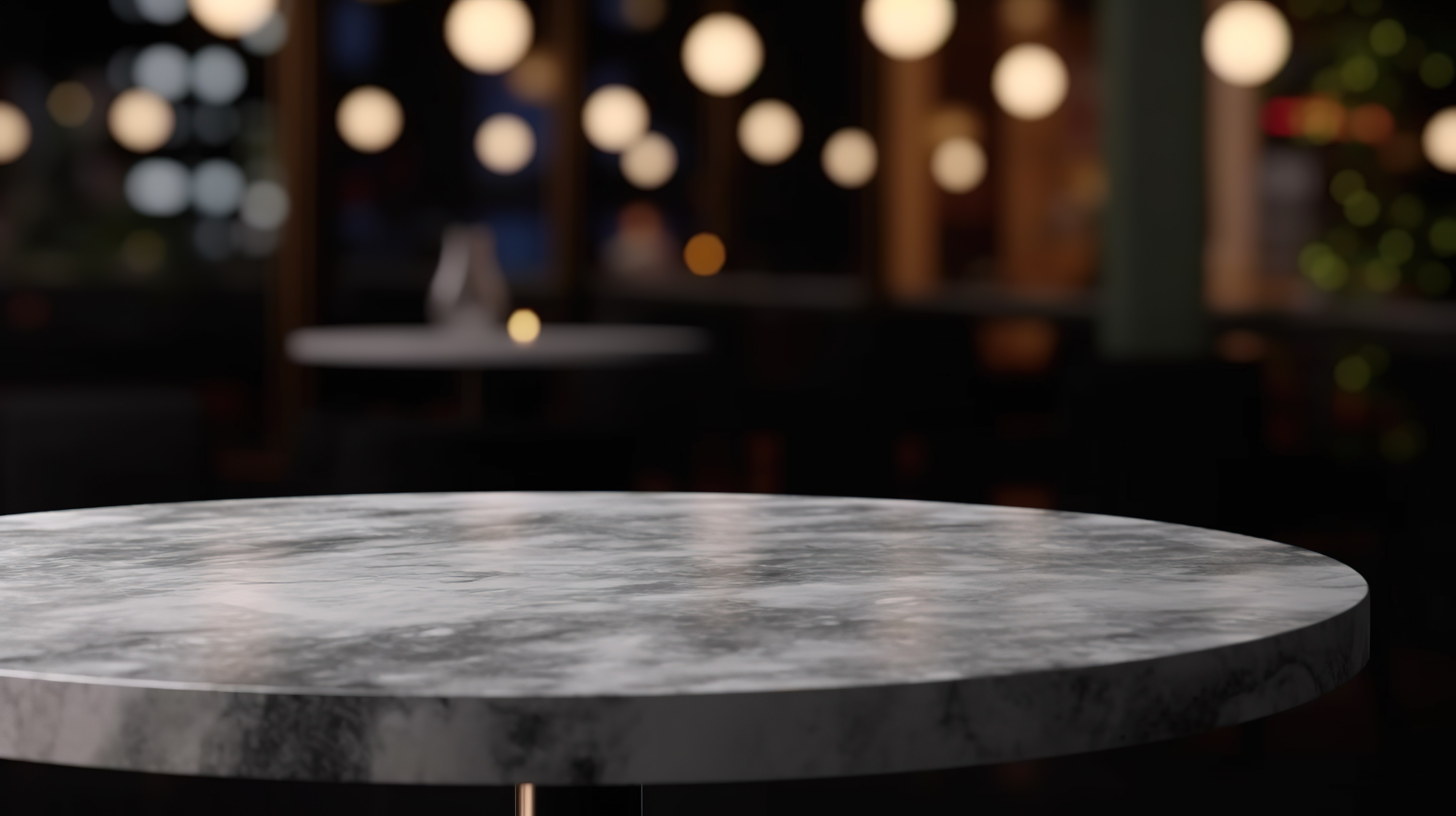 夜生活展示 3D 渲染空大理石桌，用于在餐厅夜间酒吧或俱乐部前的抽象模糊背景上展示产品，有大量可用的复制空间图片