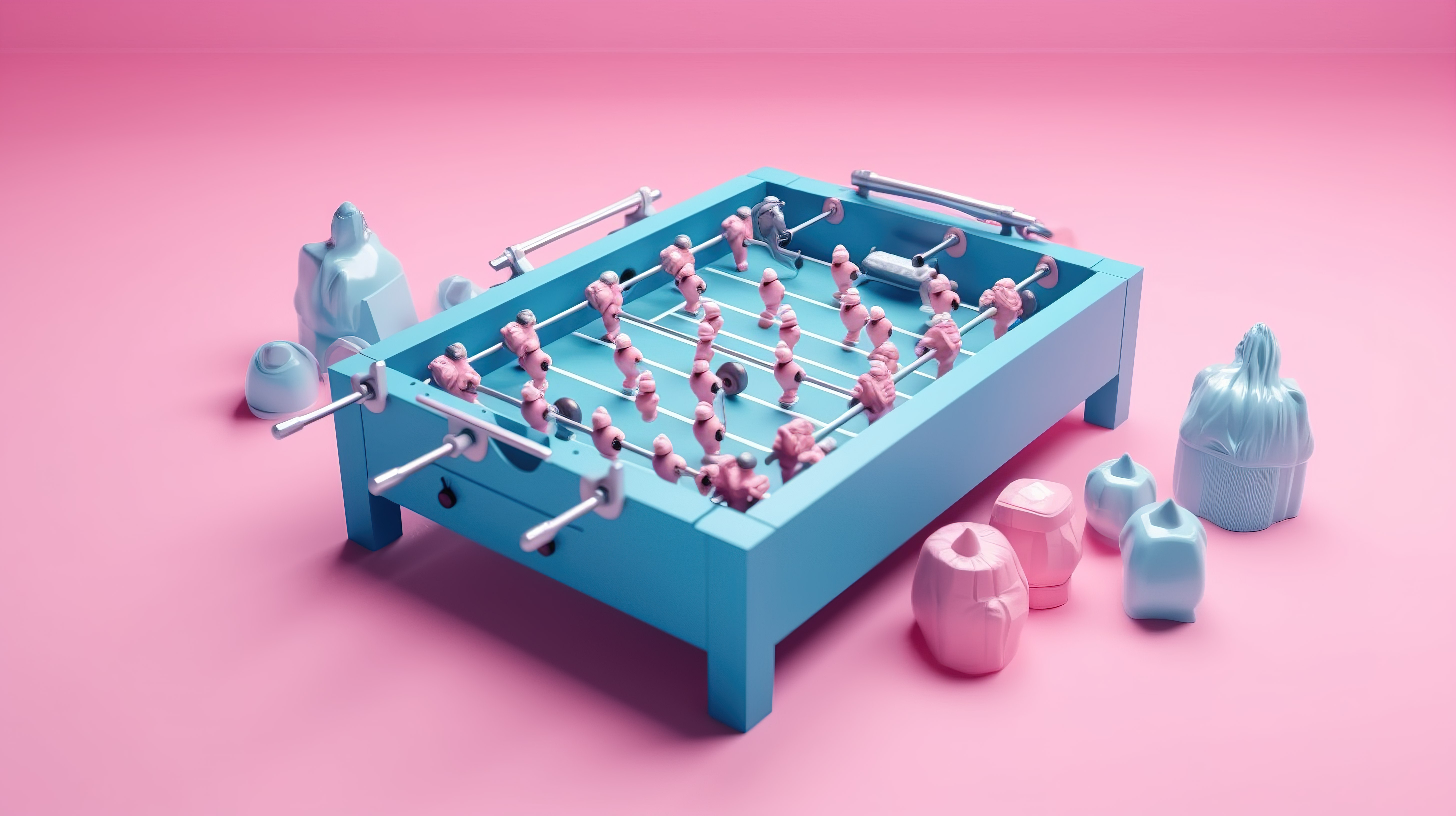 在充满活力的粉红色背景 3d 渲染上，双色调的光滑蓝色足球桌足球游戏模型图片