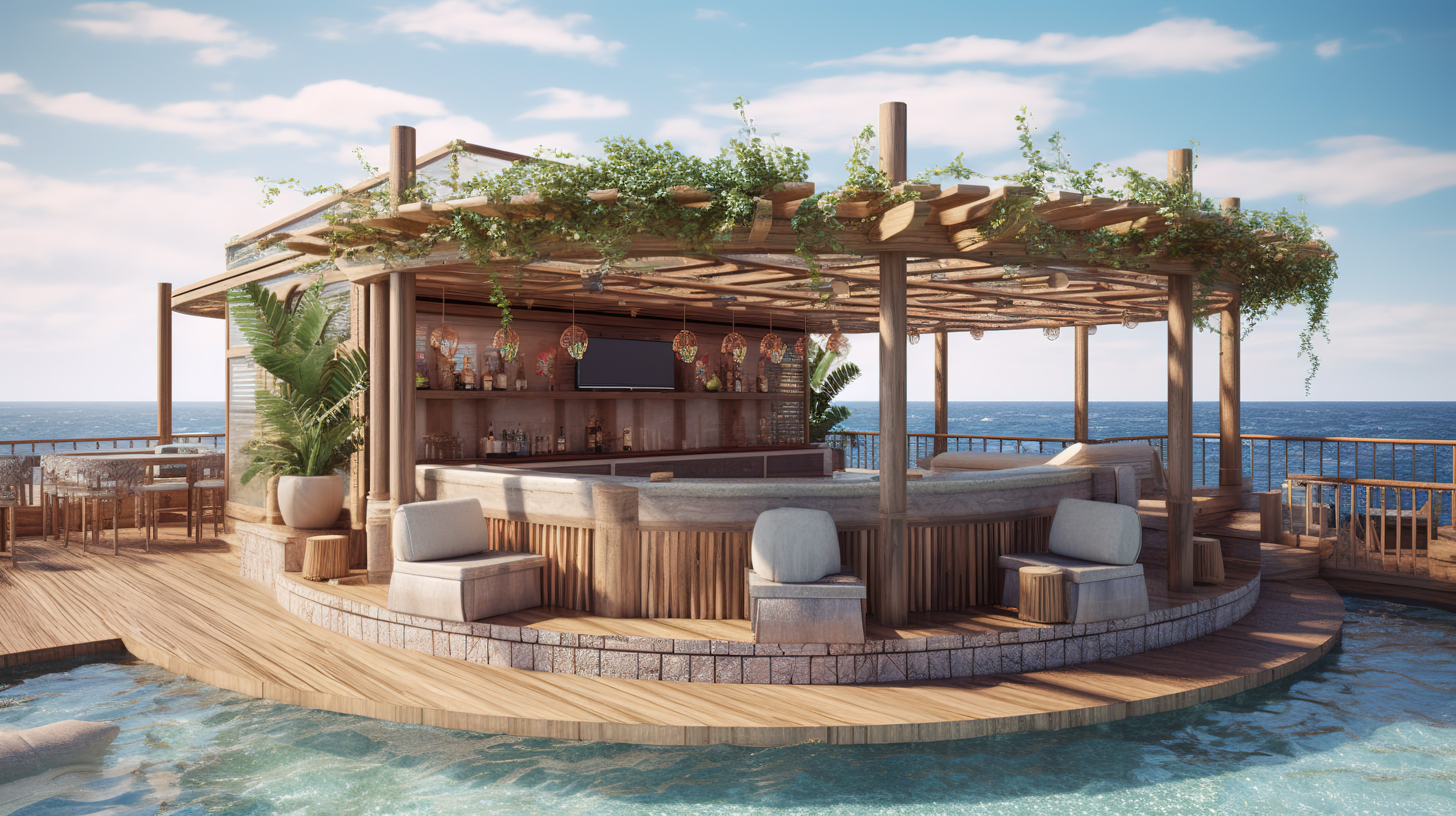 海景度假村设有豪华泳池和海滩酒吧 3d 渲染图片