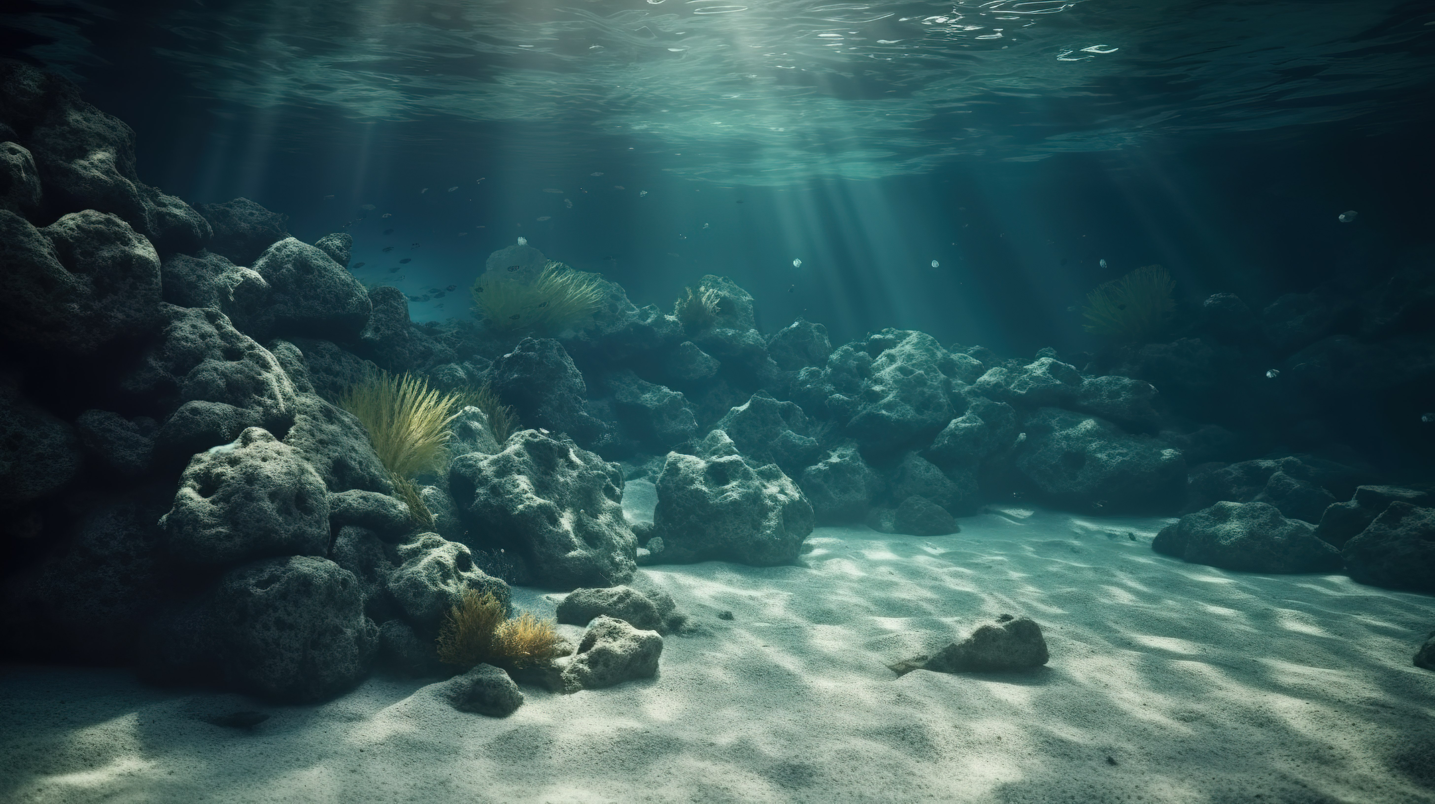 抽象背景中带纹理石头的水下场景的 3D 渲染图片
