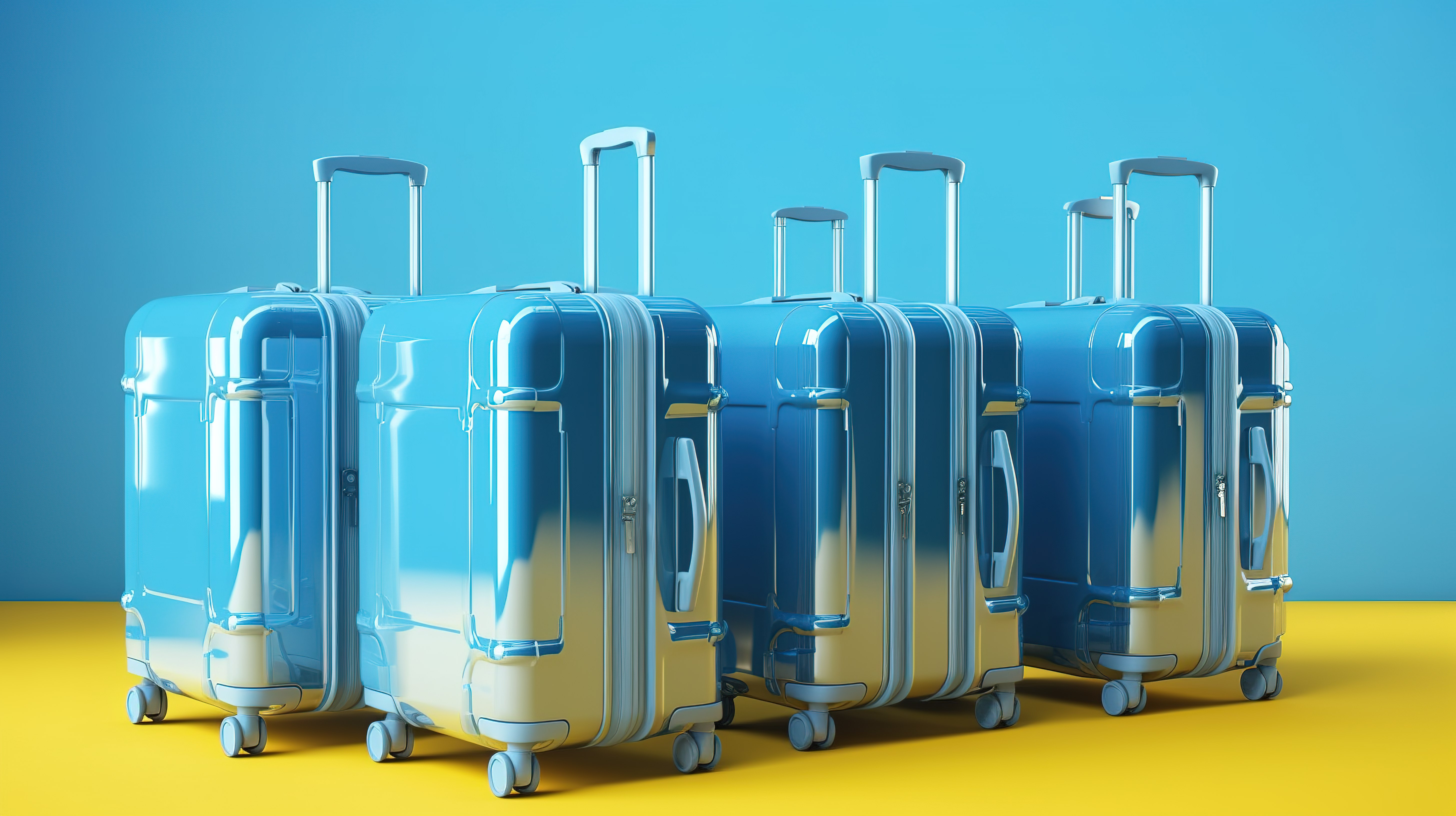 蓝色背景的 3D 渲染，配有黄色豪华酒店行李手推车，装有大型聚碳酸酯蓝色手提箱图片