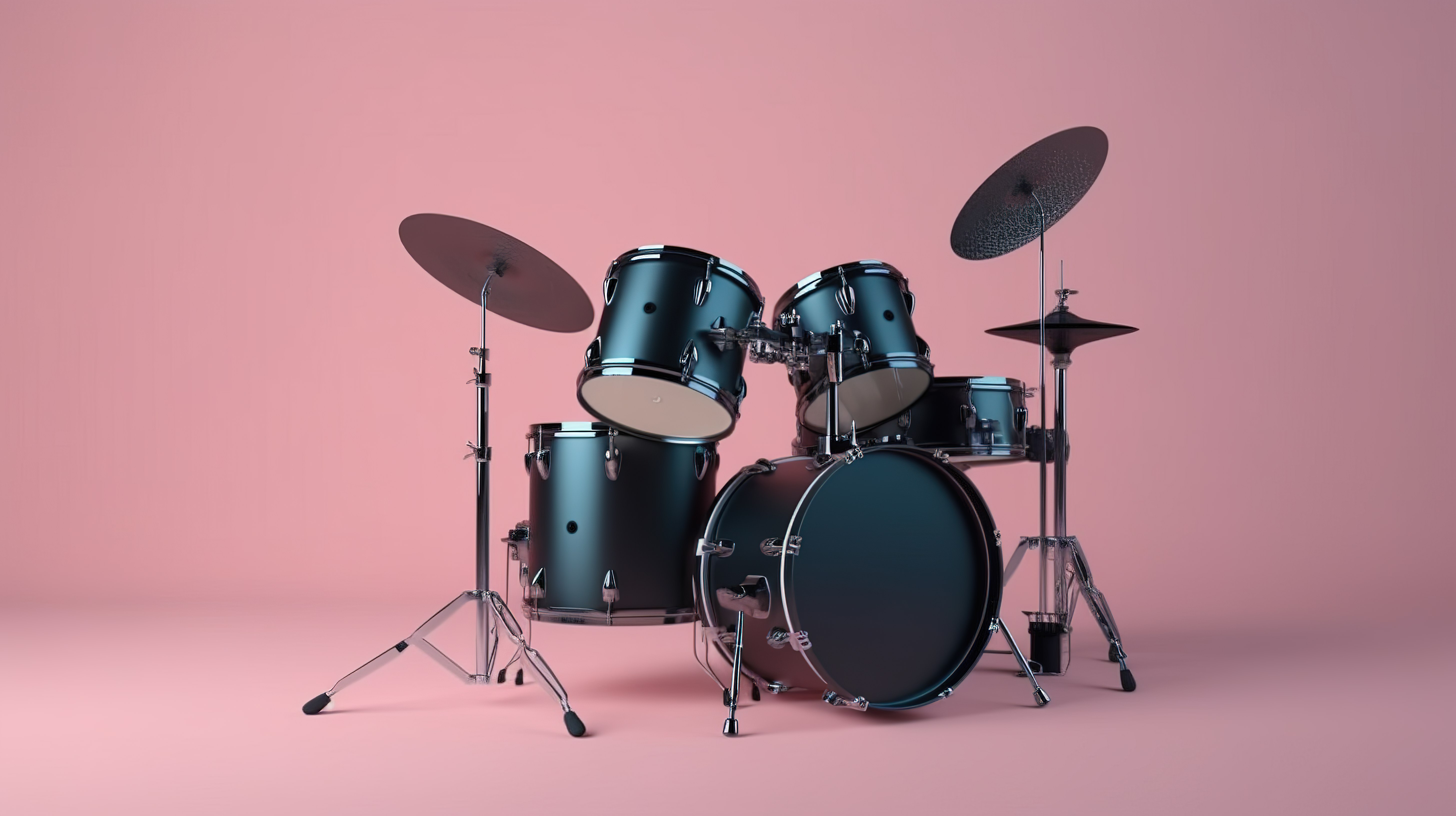 粉红色背景展示 3D 渲染的专业摇滚鼓套件，采用时尚的黑色和蓝色图片