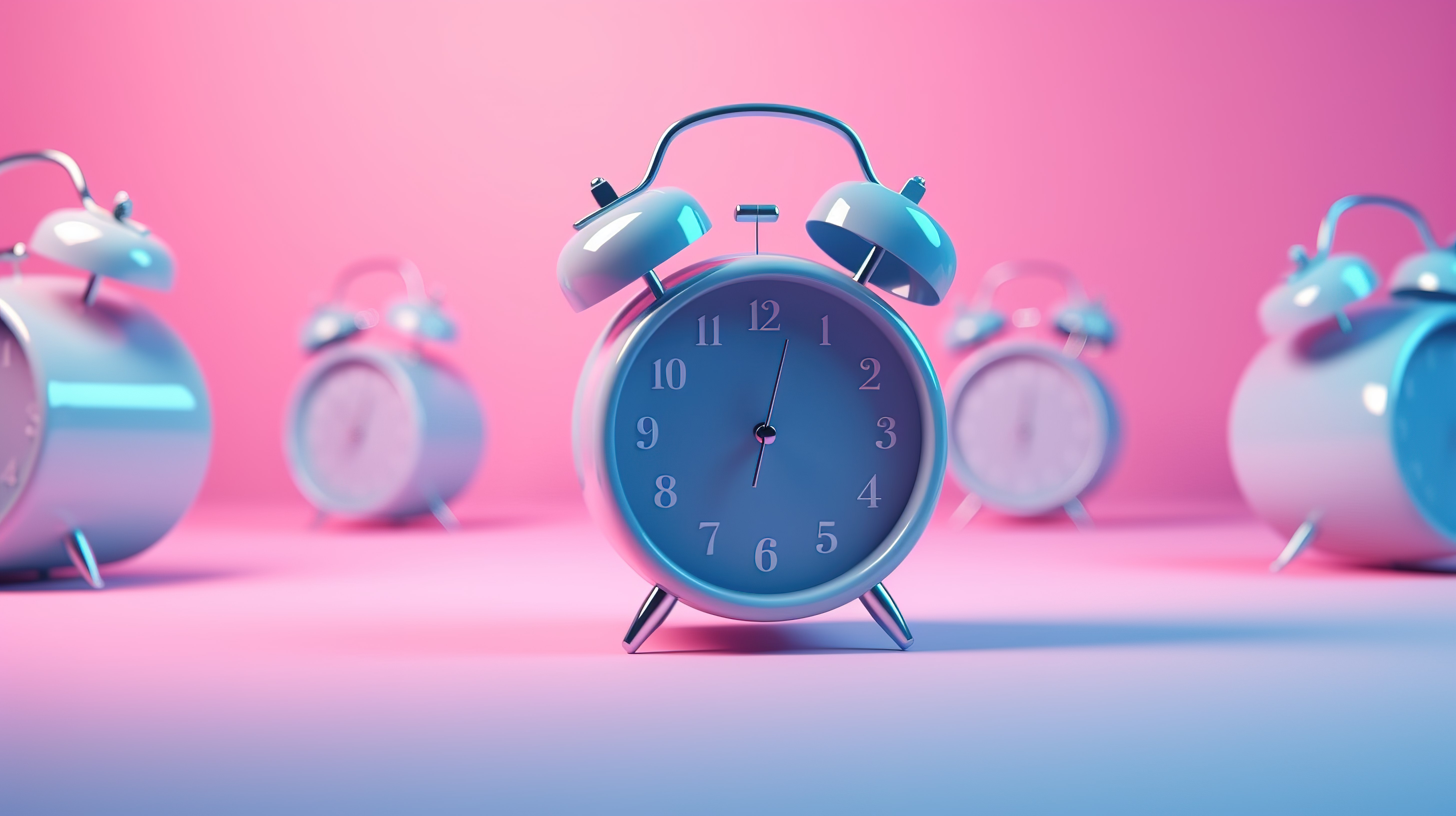 高峰时间提醒 3D 渲染蓝色闹钟在充满活力的粉红色背景上响起，发出唤醒时间或工作通知图片