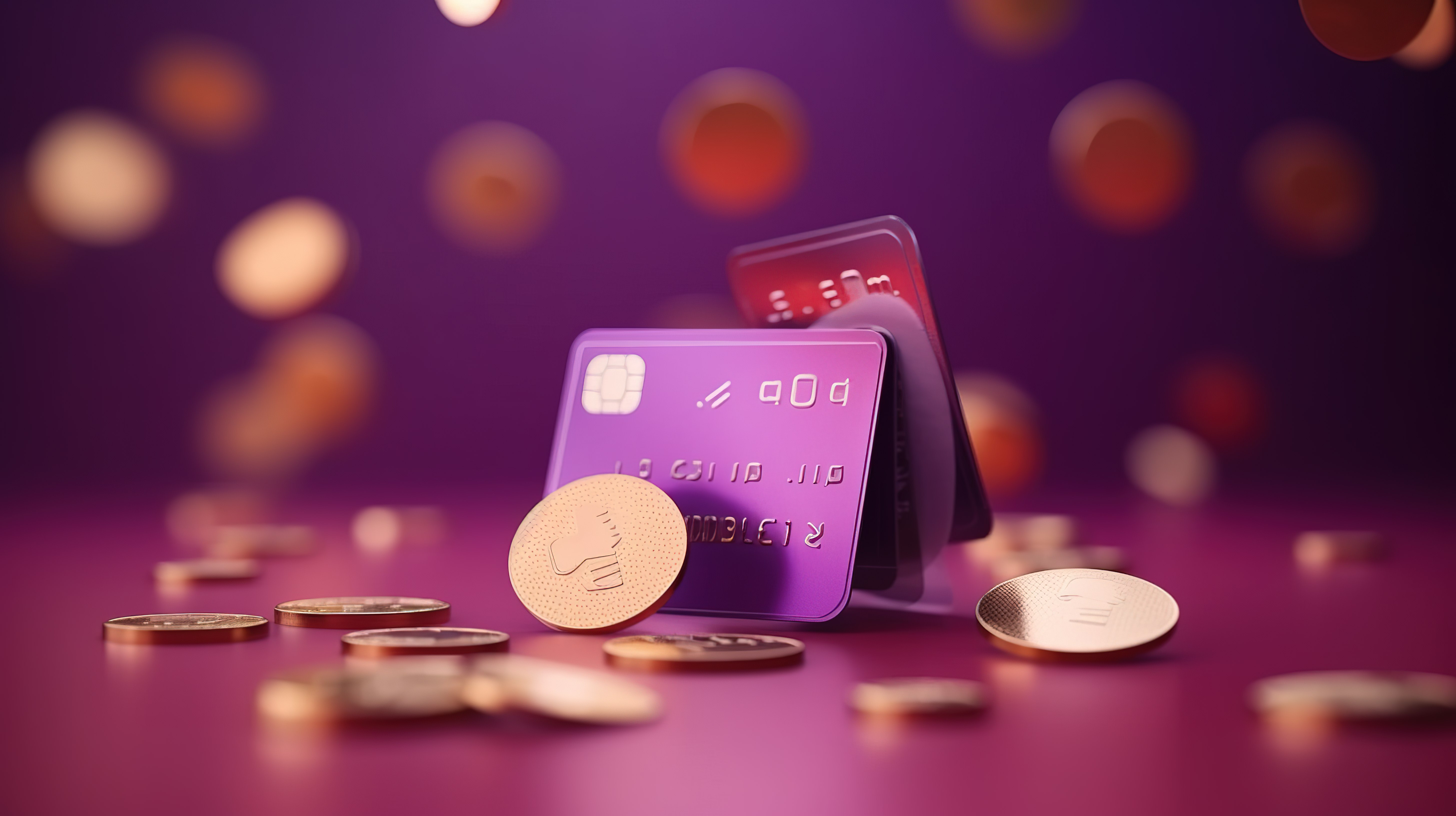 带有信用卡和硬币的紫色背景，3D 渲染的无现金支出和储蓄概念图片