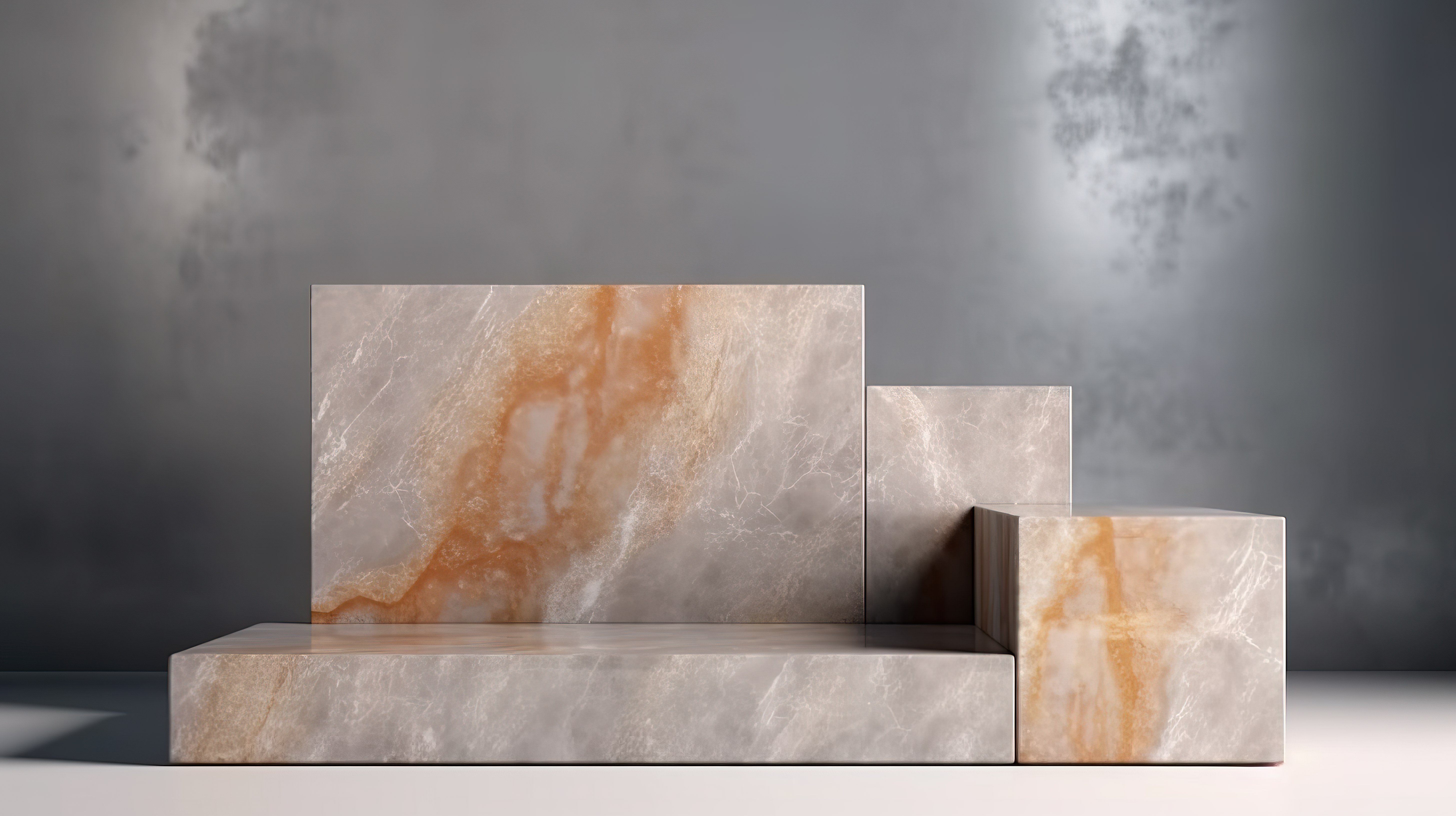 灰色大理石立方体讲台的 3D 插图，浅棕色墙壁背景，用于产品促销横幅图片