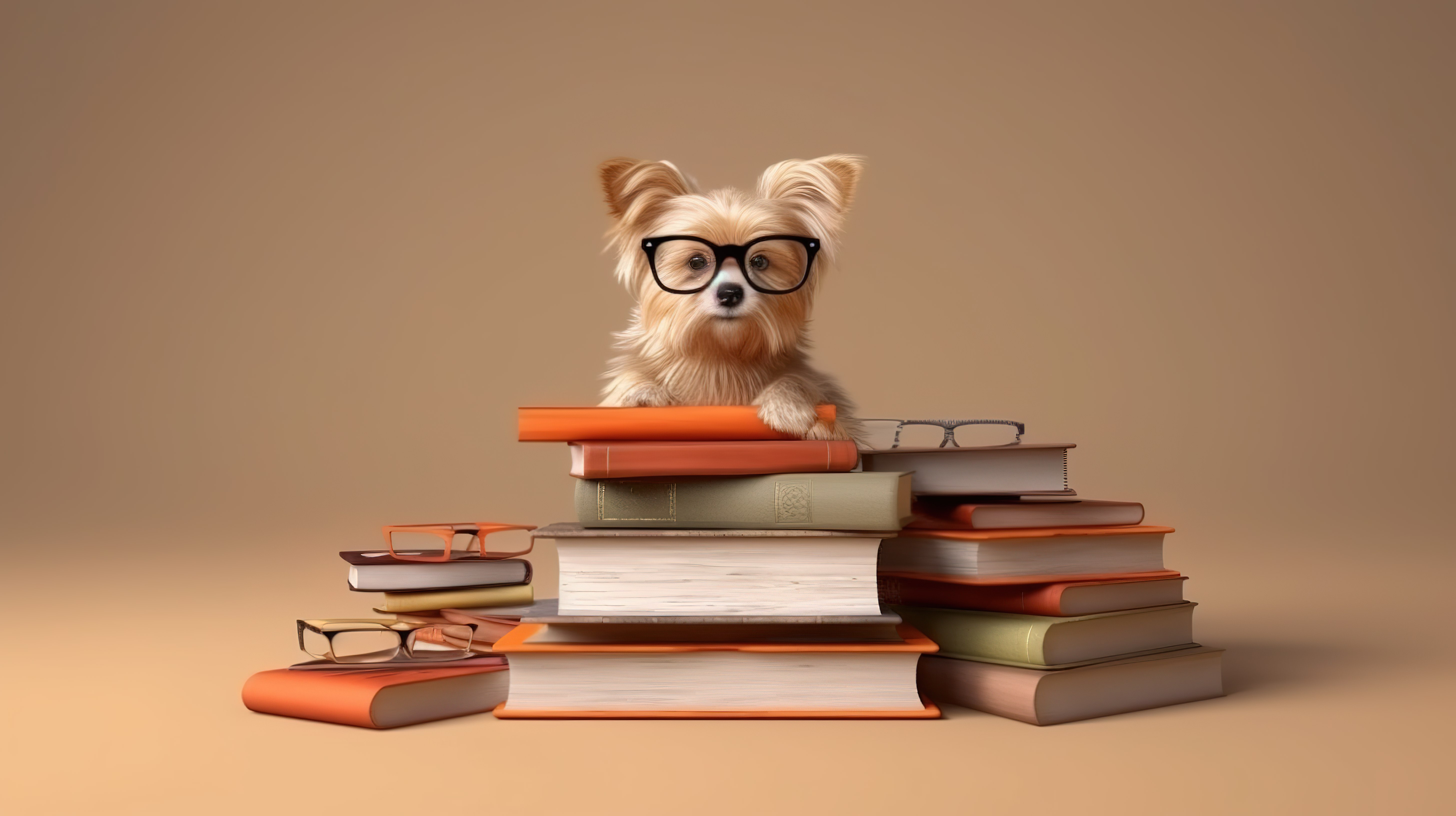 3d 渲染的犬类学者，戴着眼镜和书籍图片