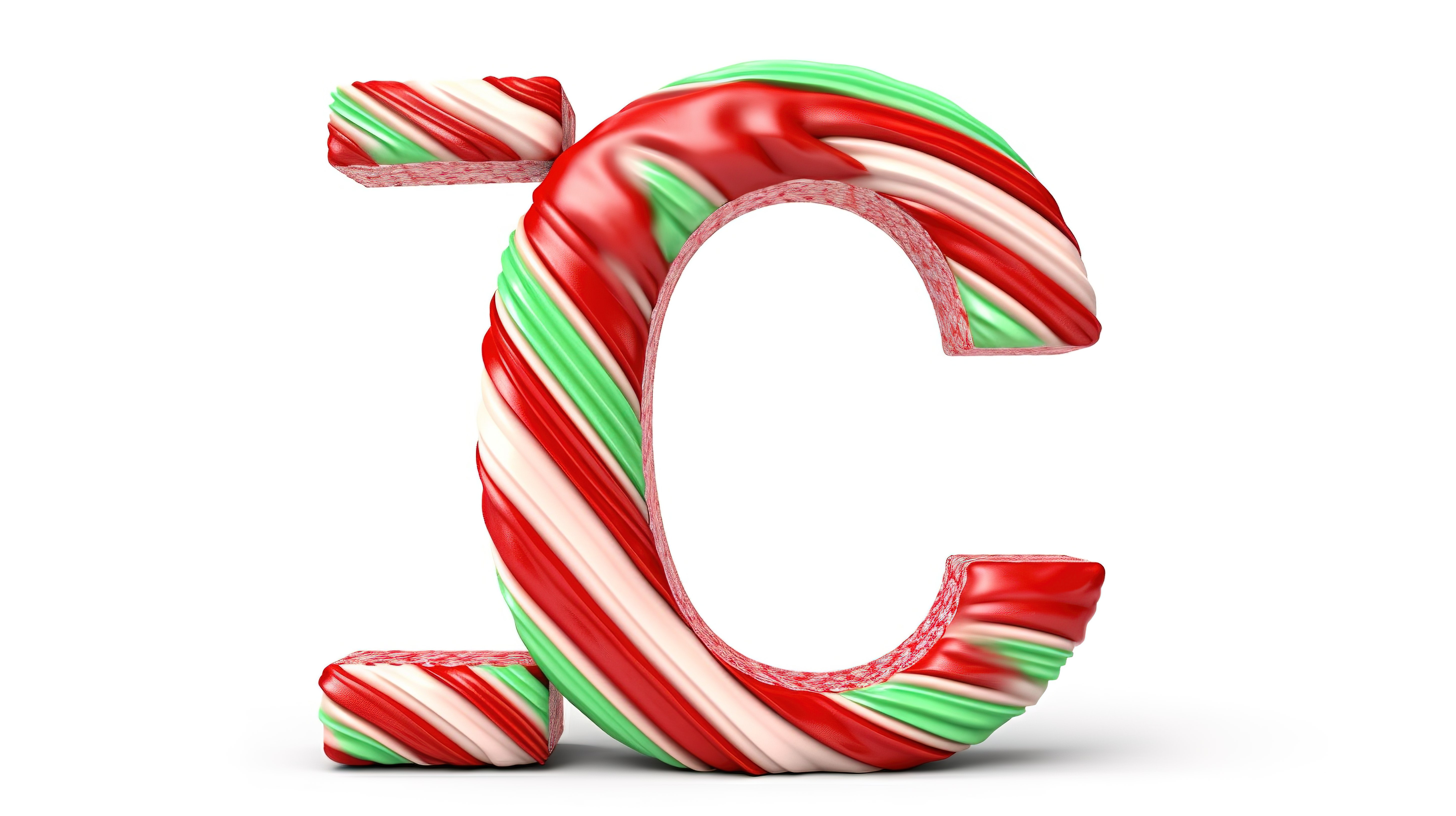 白色圣诞系列中的红色条纹薄荷糖手杖“g”字母以 3d 呈现图片
