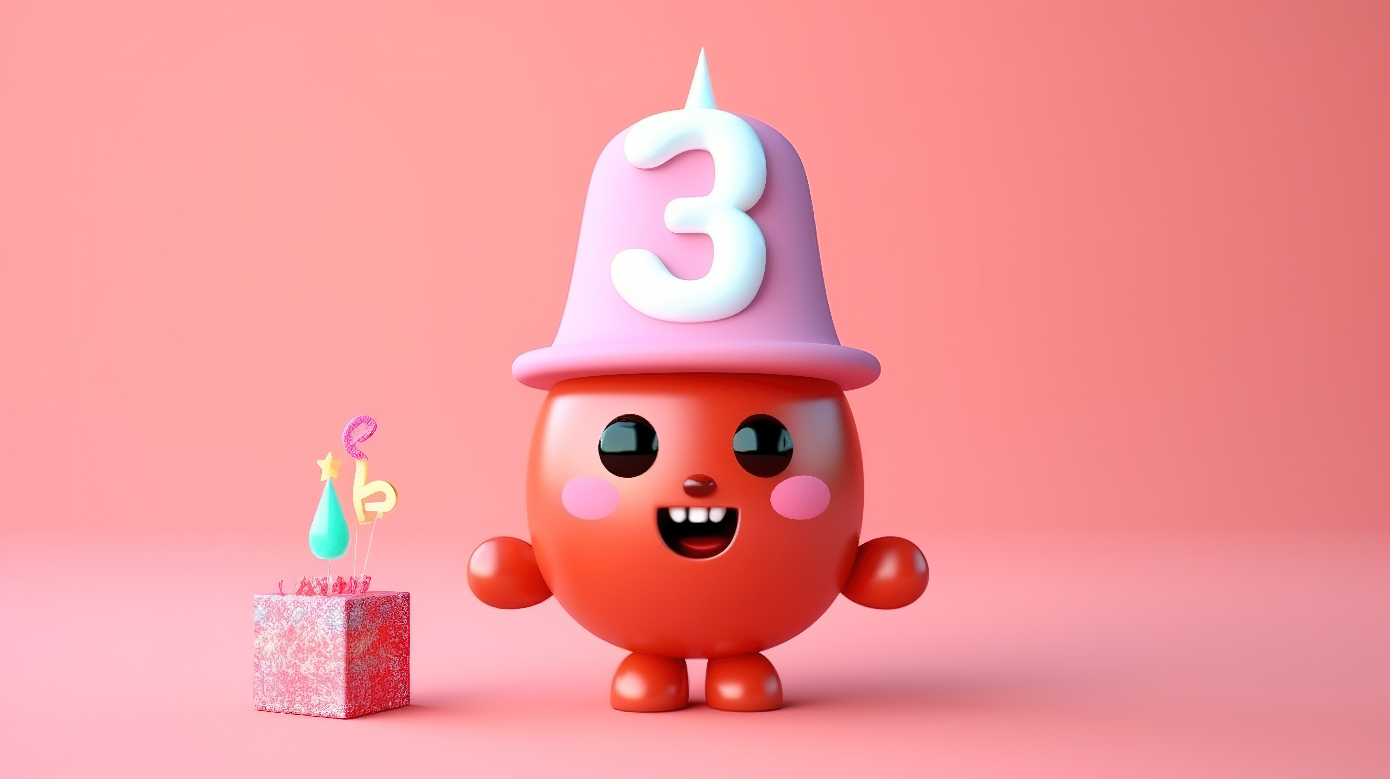 戴着帽子的可爱派对角色在 3D 渲染中庆祝他们的三岁生日图片