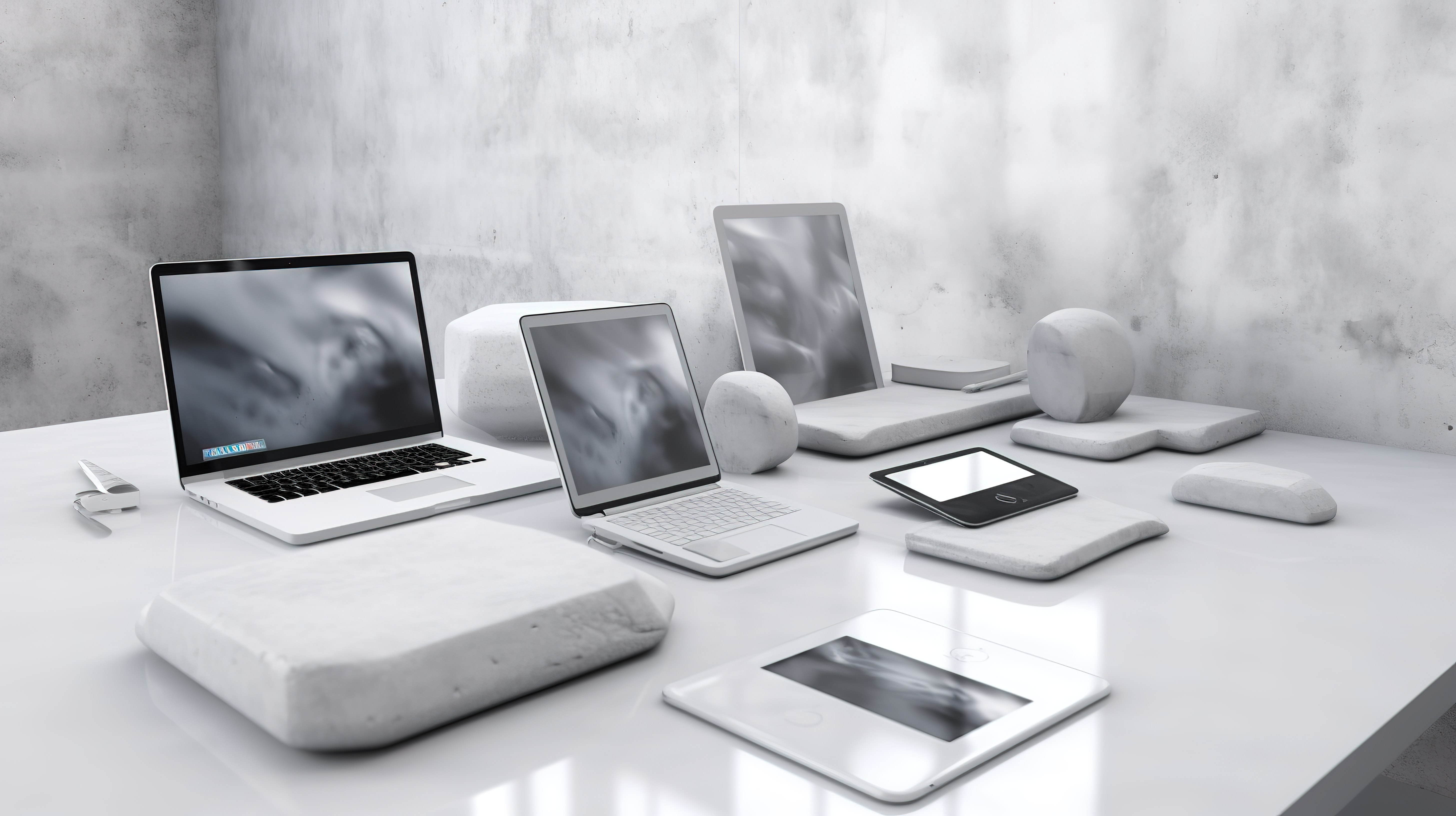 白色混凝土办公桌背景与高科技设备计算机笔记本电脑智能手机和平板电脑 3D 插图图片