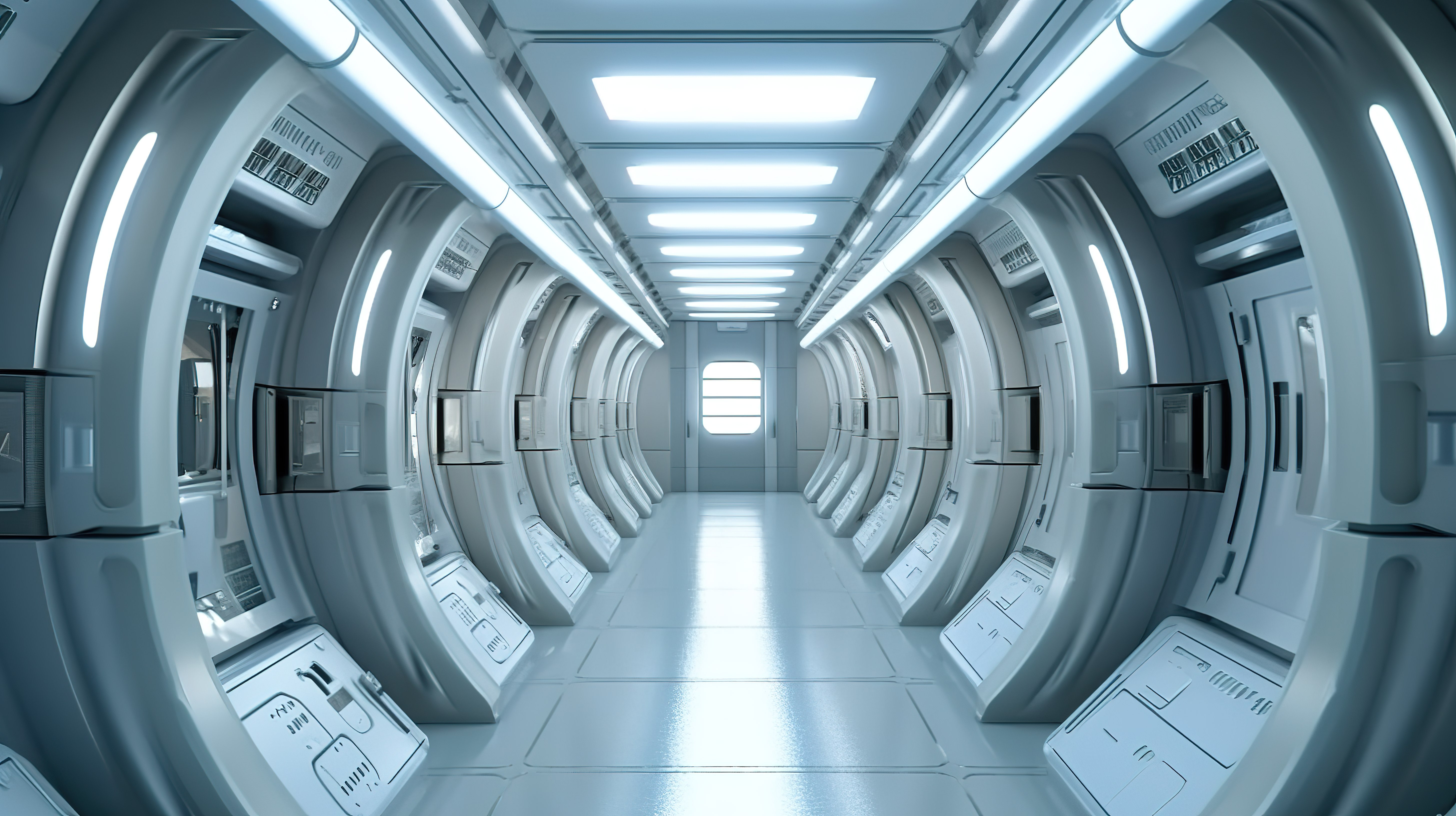 宇宙飞船或空间站内的未来隧道走廊，具有空置空间 3D 渲染图片