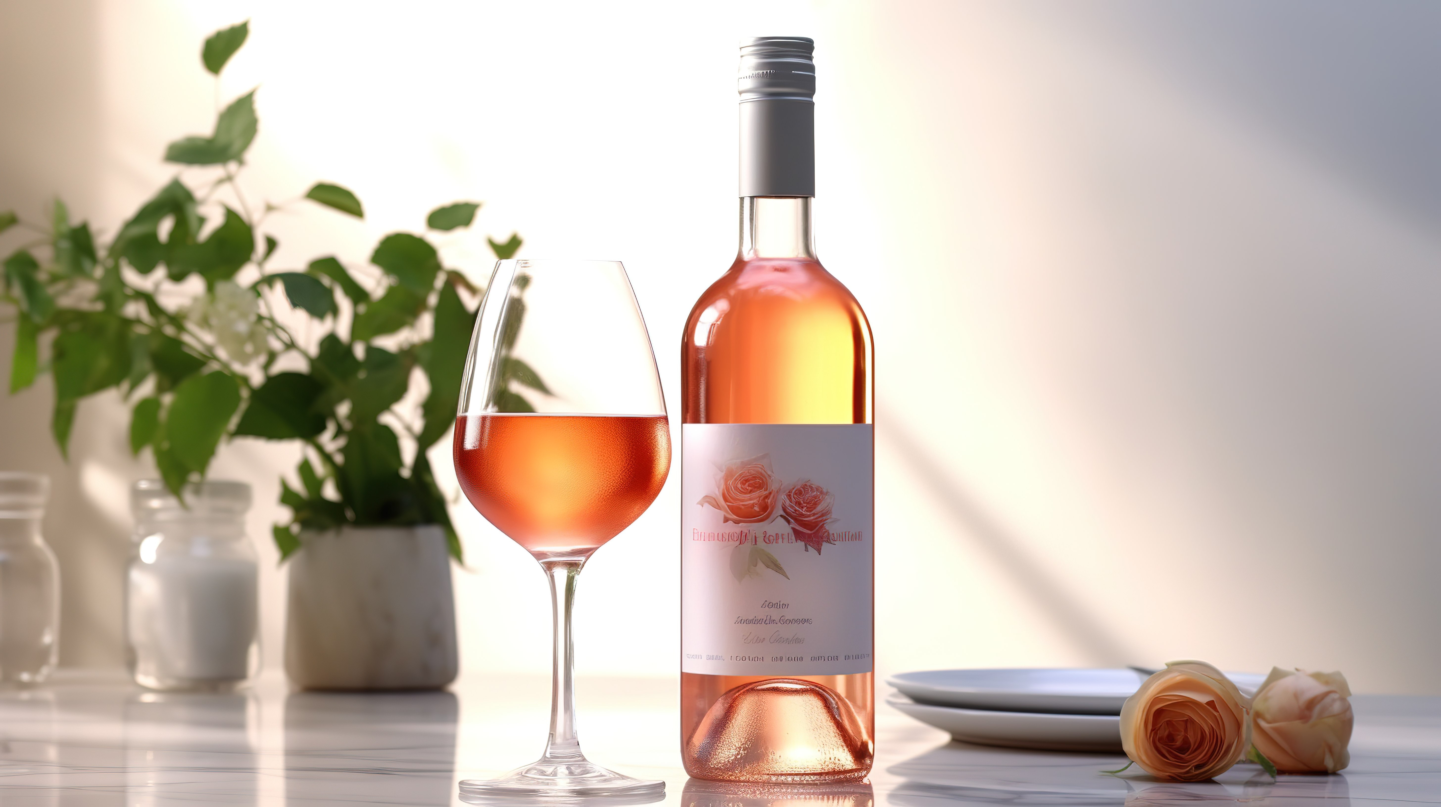 带标签的白色背景玫瑰酒瓶的逼真 3D 插图图片
