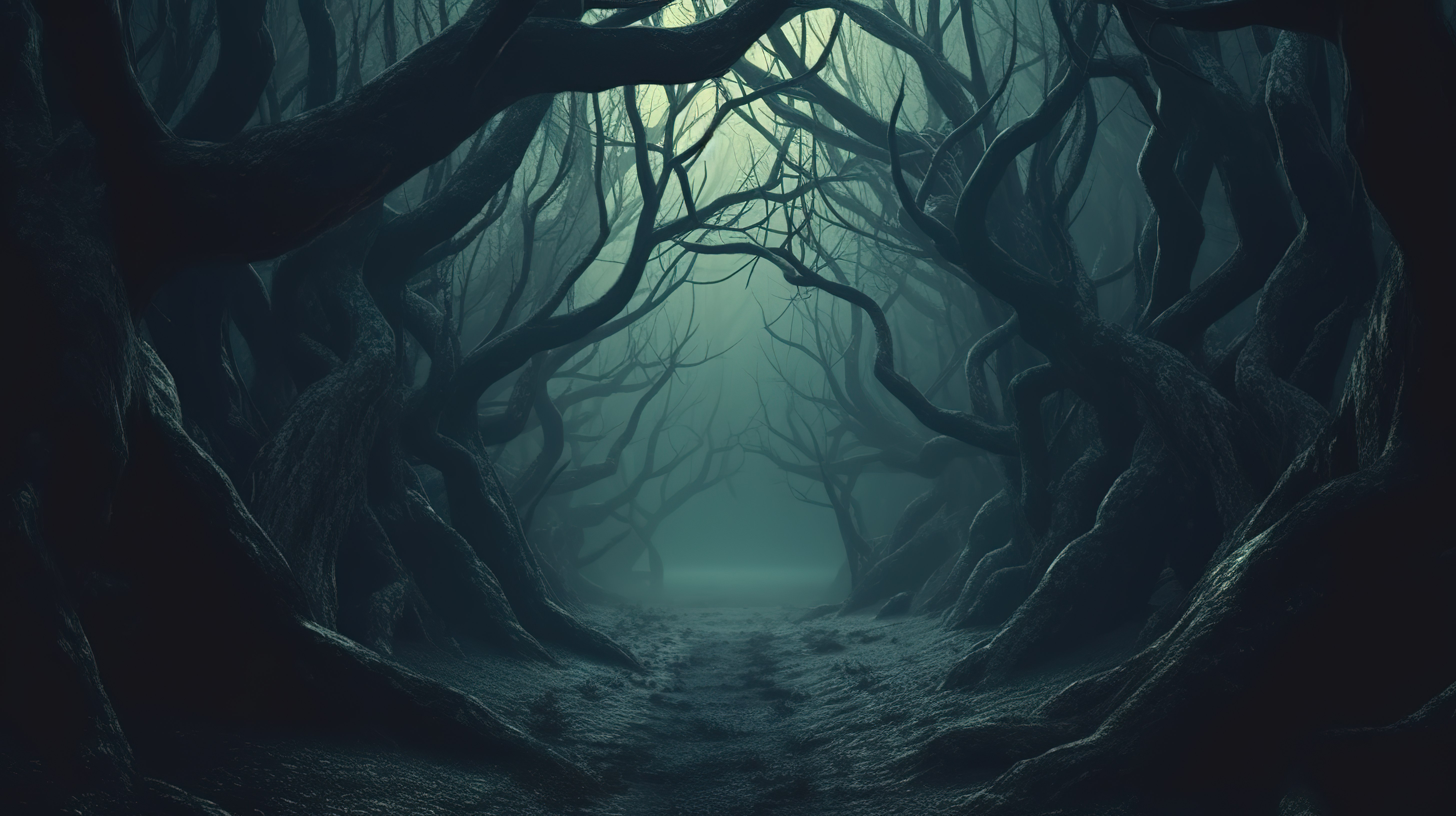 神秘森林中扭曲的树木令人毛骨悚然的 3D 数字艺术品，气氛黑暗图片