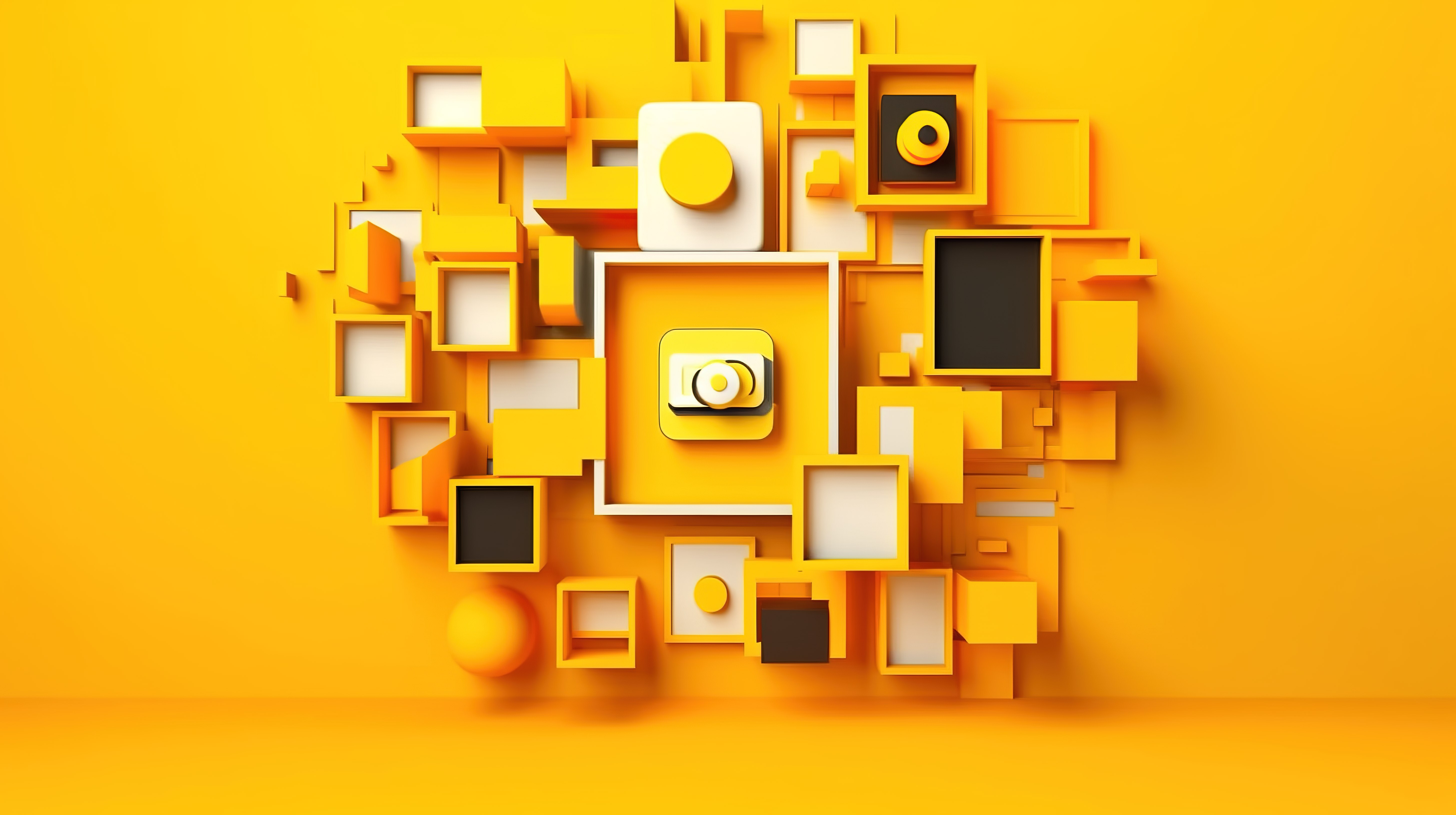 黄色社交媒体框架和 Instagram 帖子插图图标的 3D 渲染图片