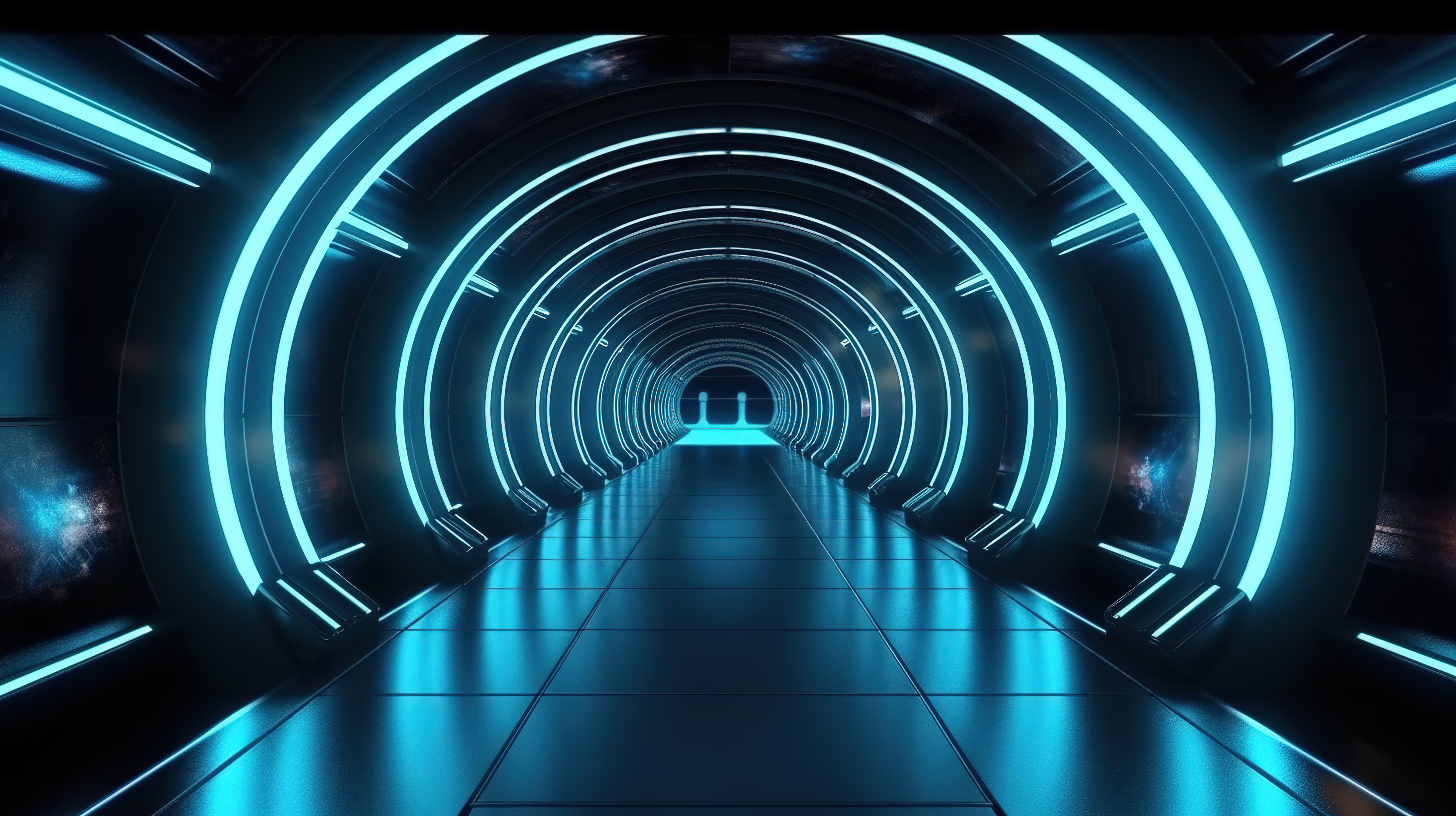 黑暗中无止境的未来派走廊 4k 超高清 3D 渲染图片