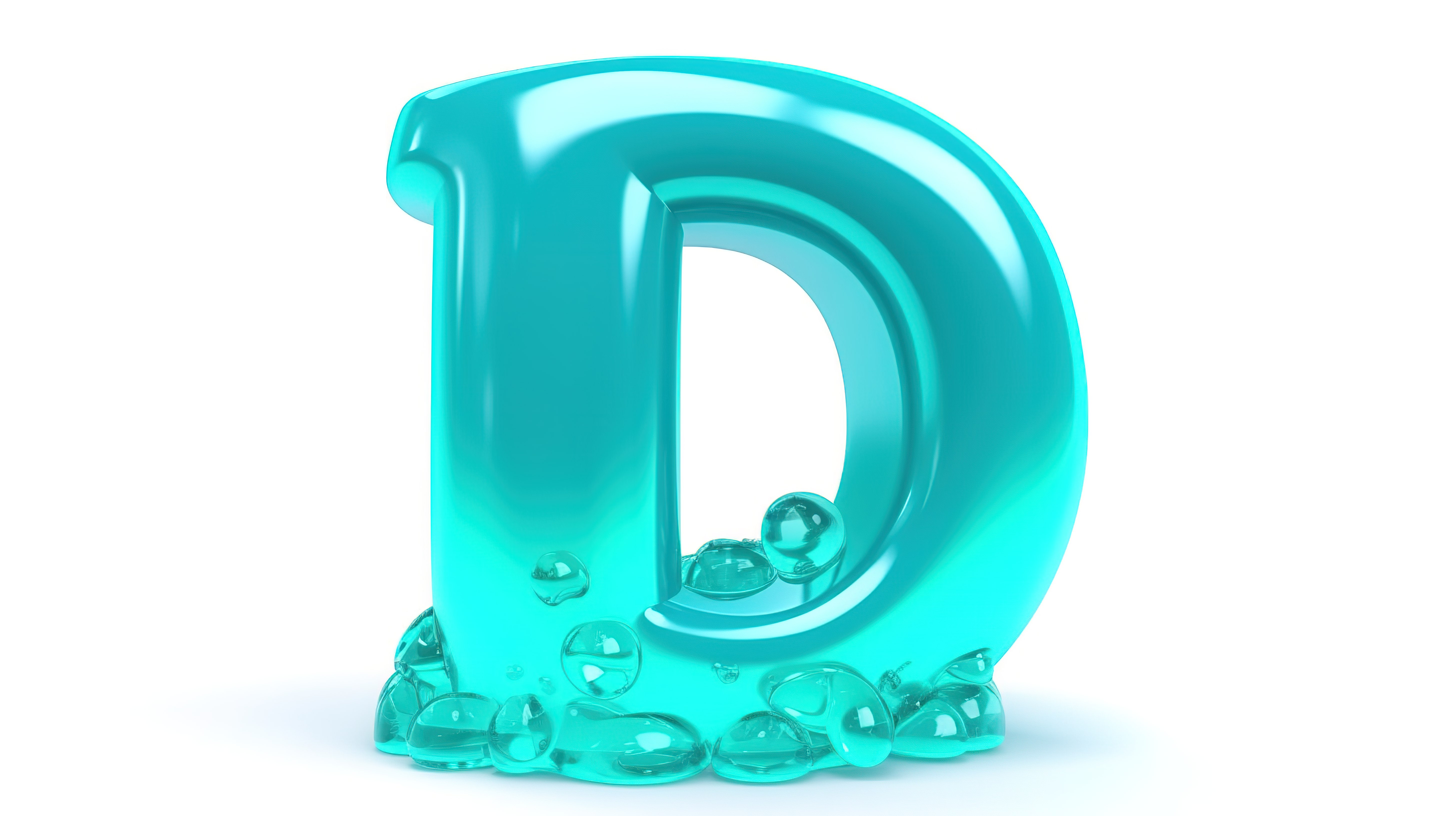 白色背景上孤立的水蓝色果冻字母 d 的 3d 插图图片