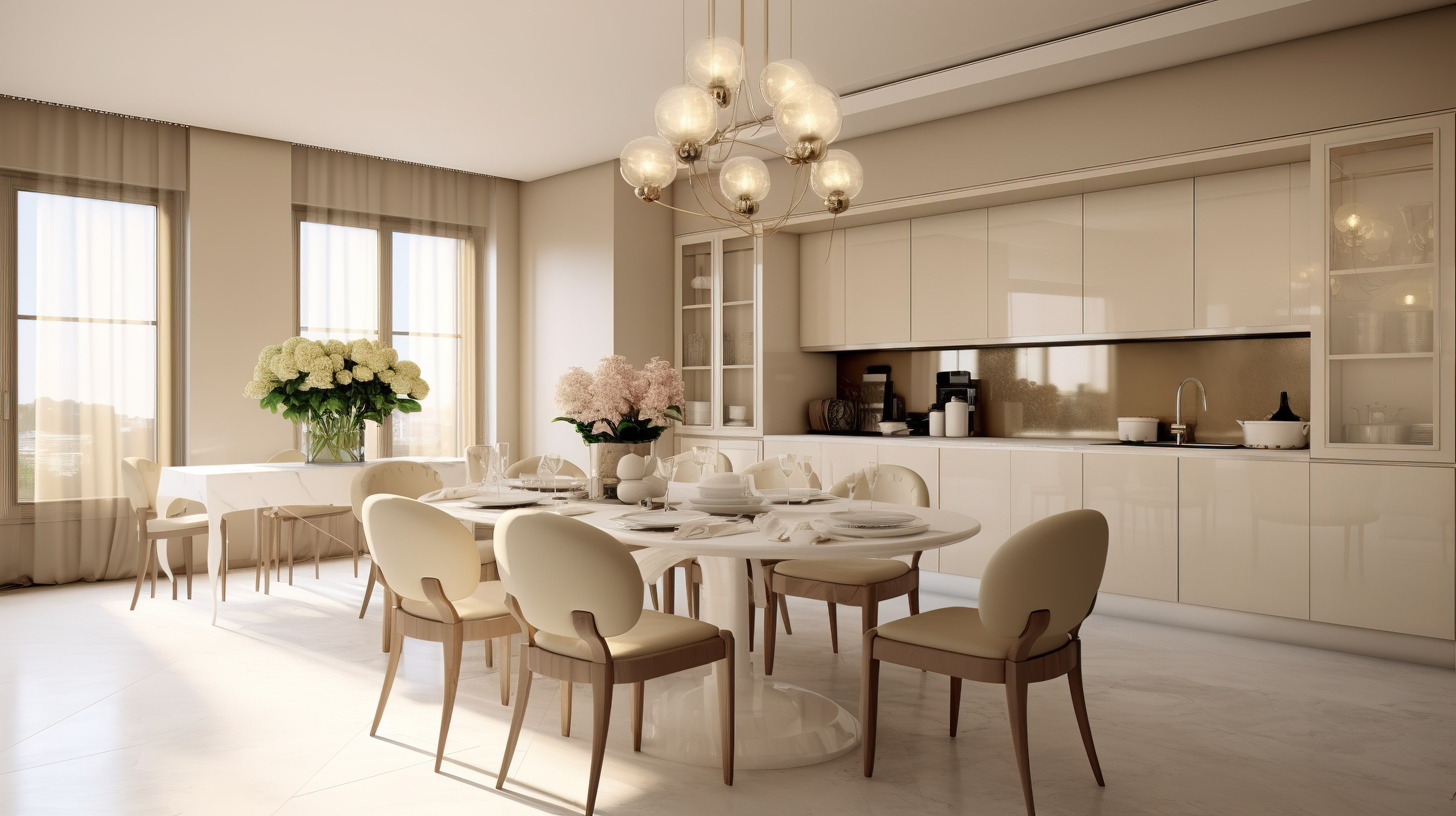 经典灵感的现代厨房，配有米色室内玻璃吊灯和 3D 渲染的餐桌图片