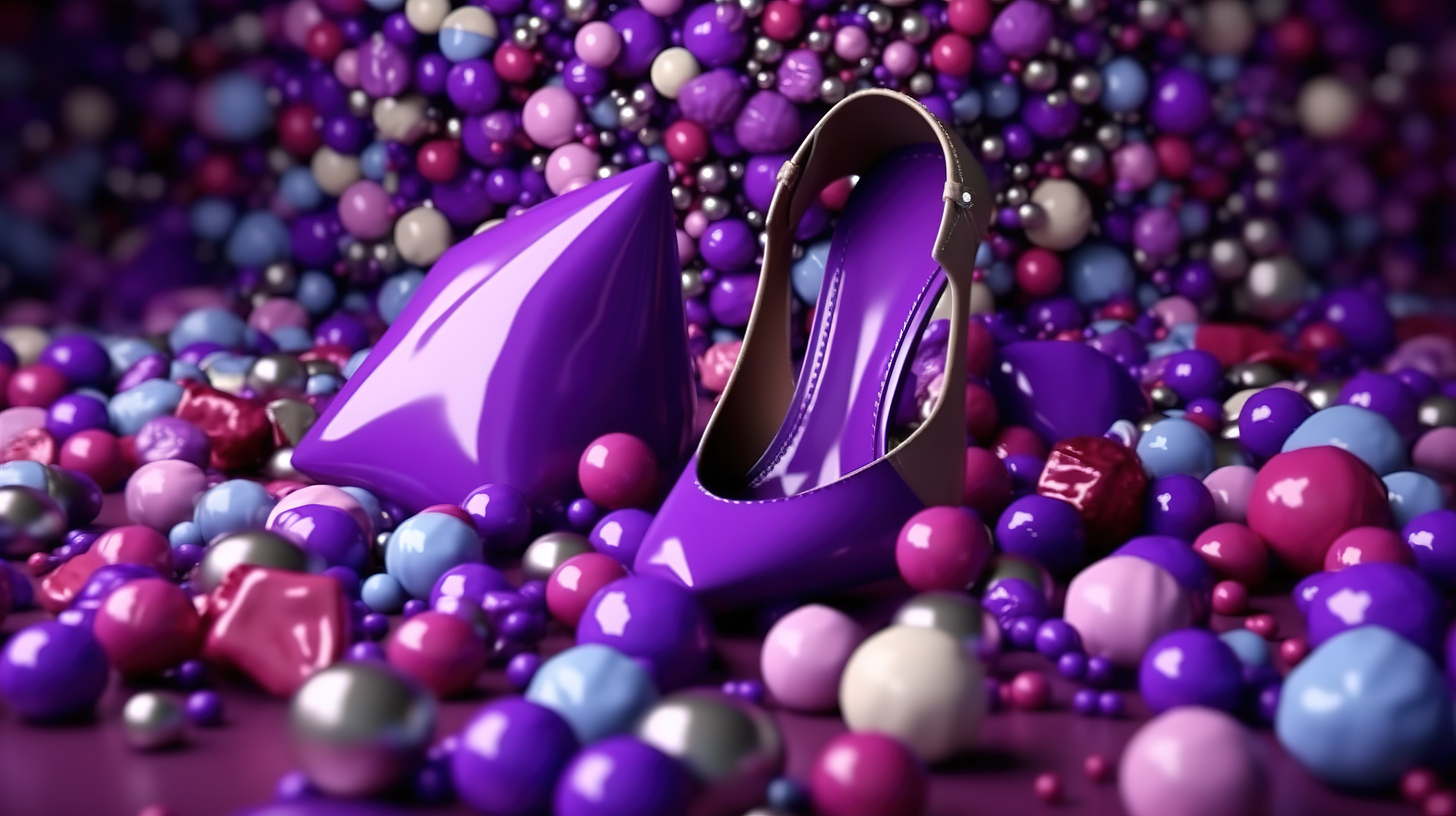 彩色球围绕化妆品和高跟鞋，从紫色 3D 渲染的袋子中溢出图片