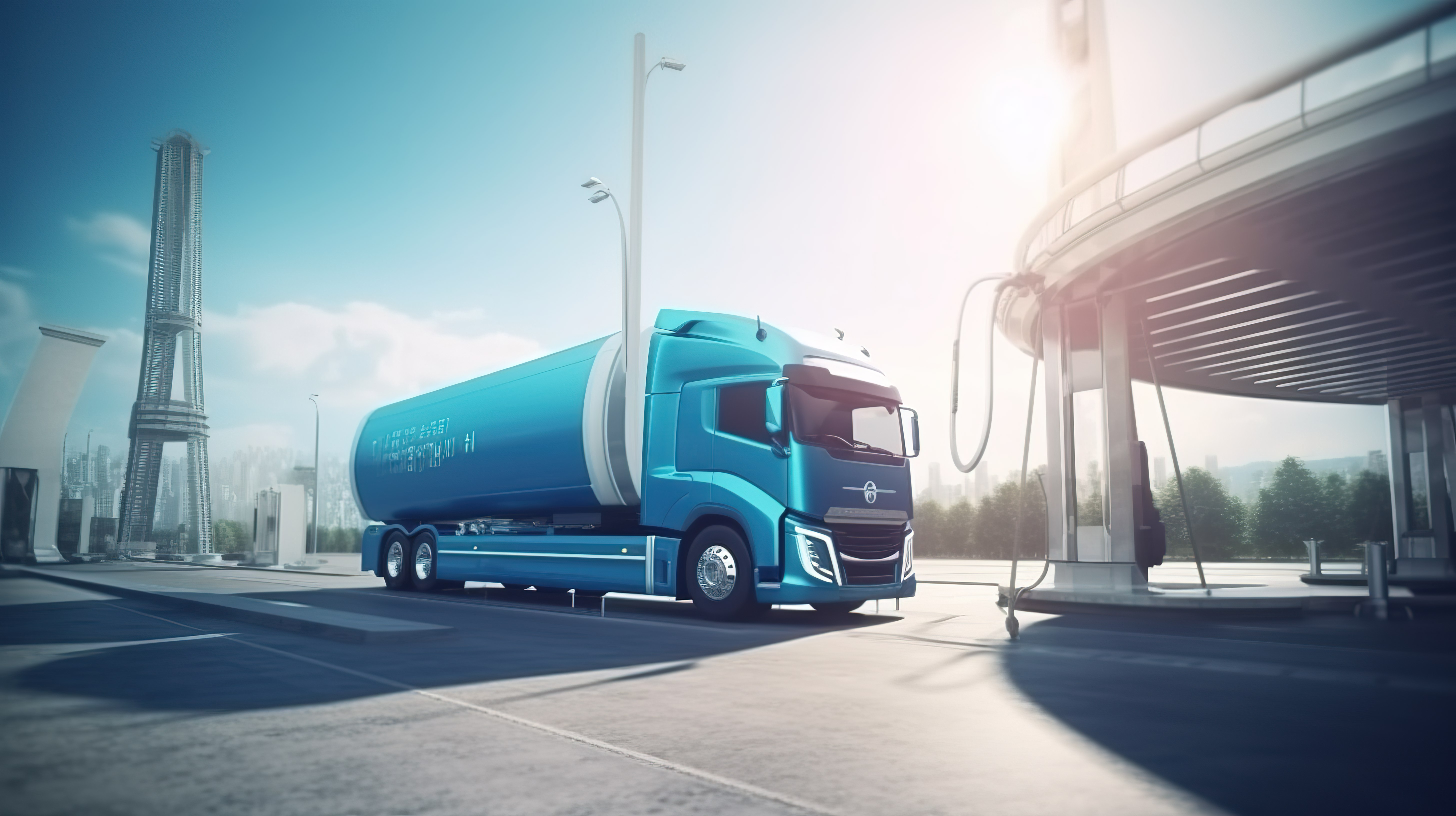 带有卡车和喷气机的氢气站的 3D 渲染为氢能的未来铺平了道路图片