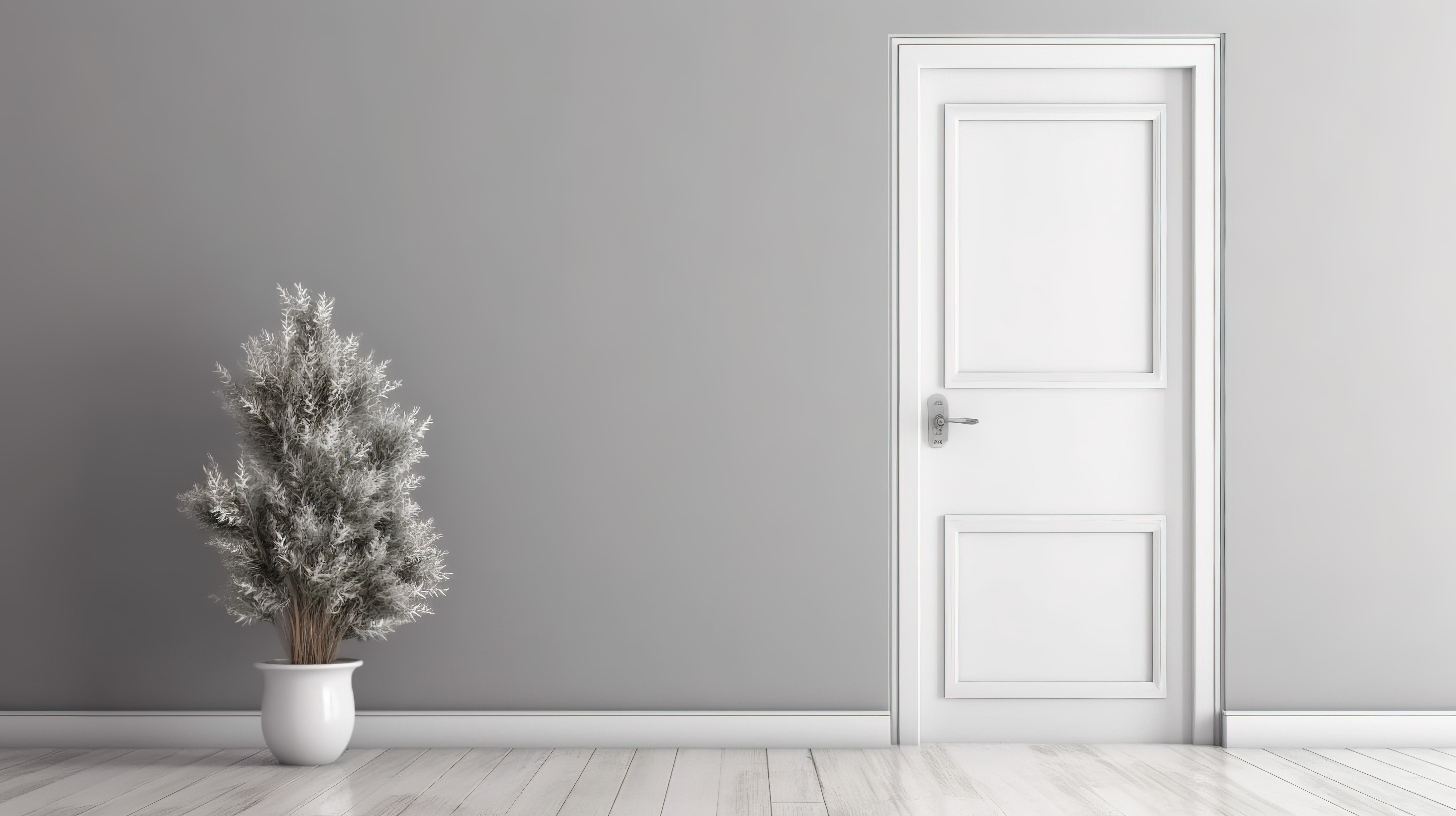 灰色墙壁上白色打开和关闭的门的真实 3D 渲染，白色木地板上有铬花瓶和干燥植物图片