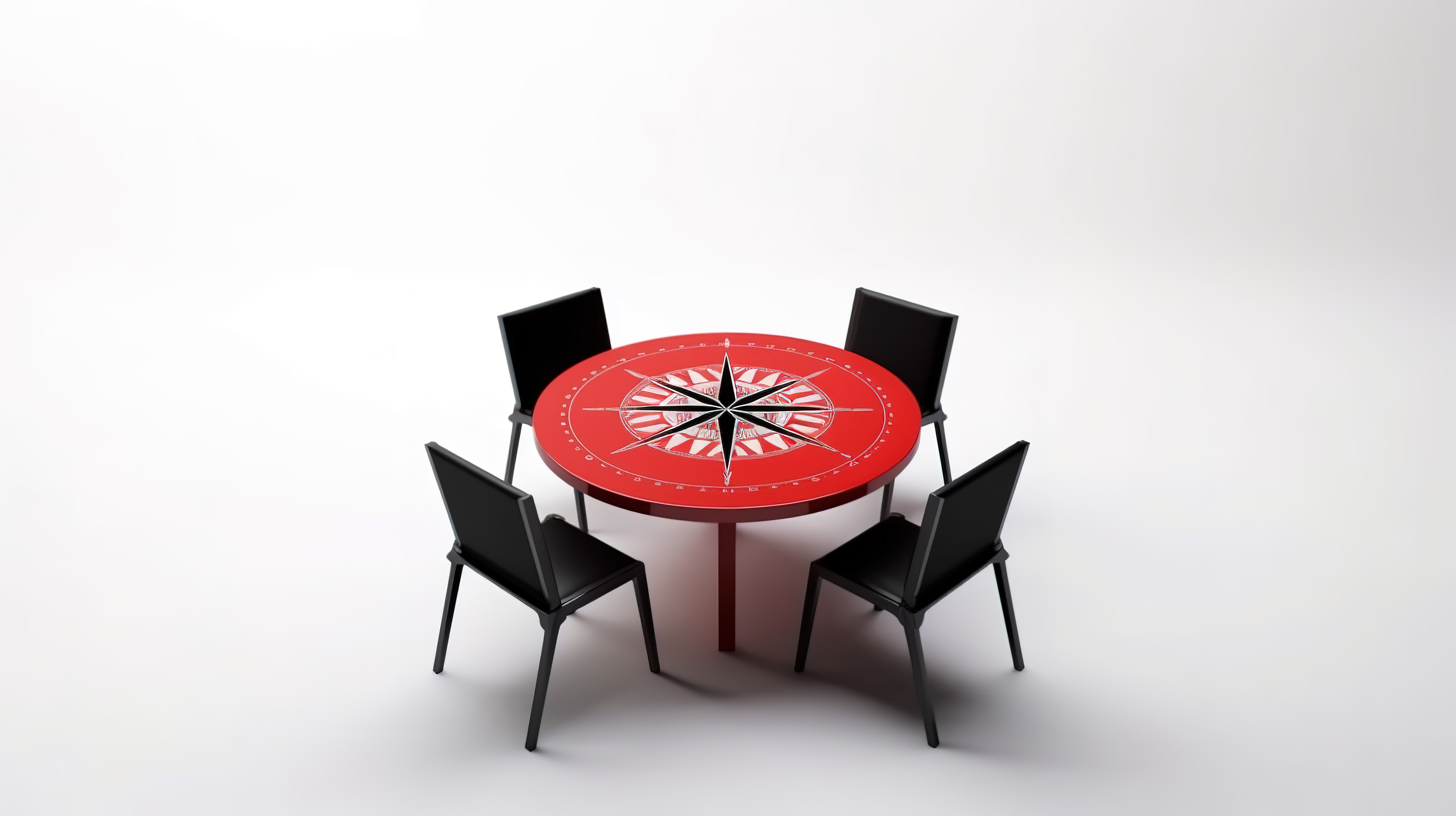指南针的 3D 渲染放置在圆桌上，空椅子象征着白色背景下的失业图片