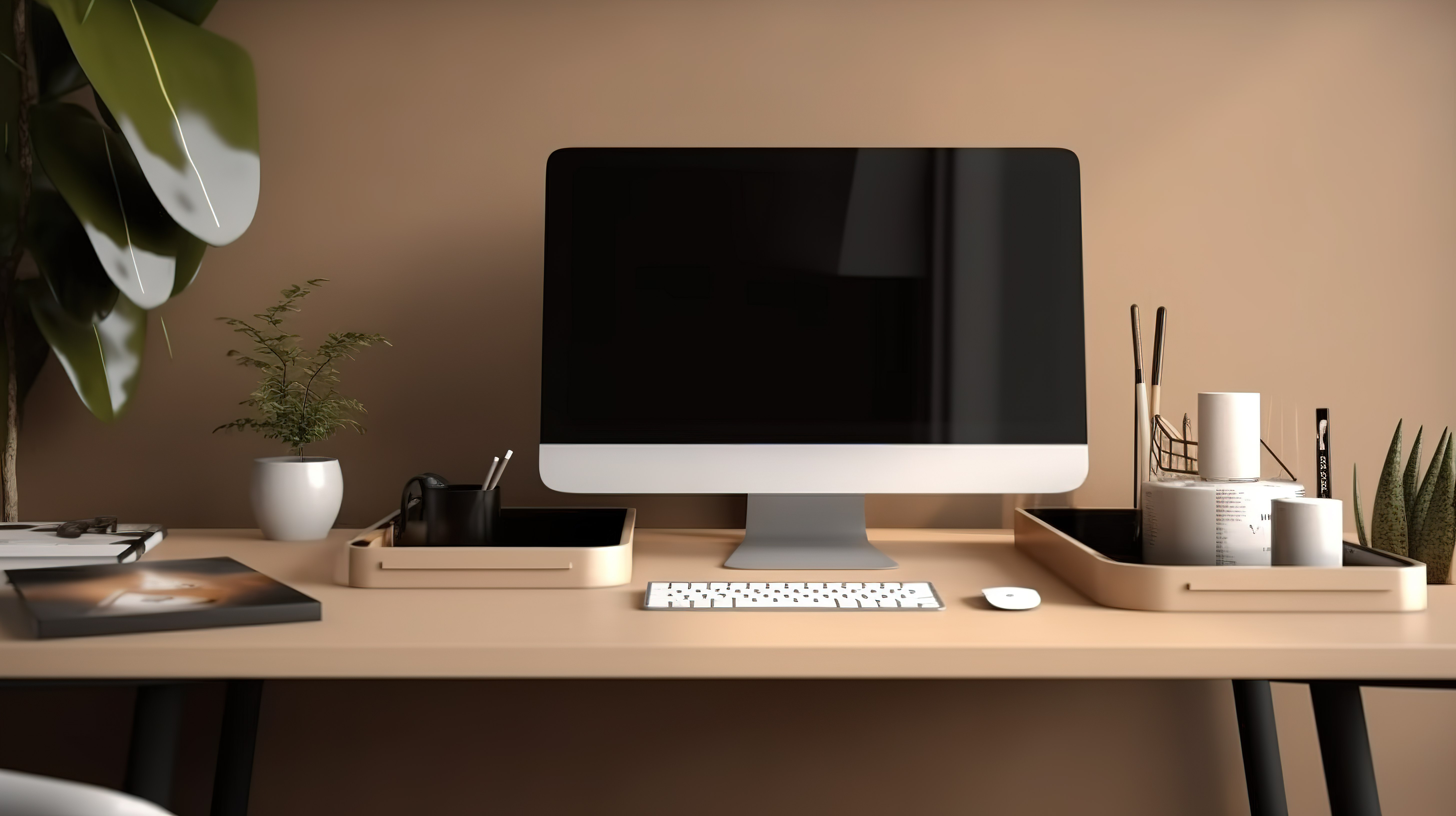 桌上有台式电脑的样机办公室的 3D 插图图片