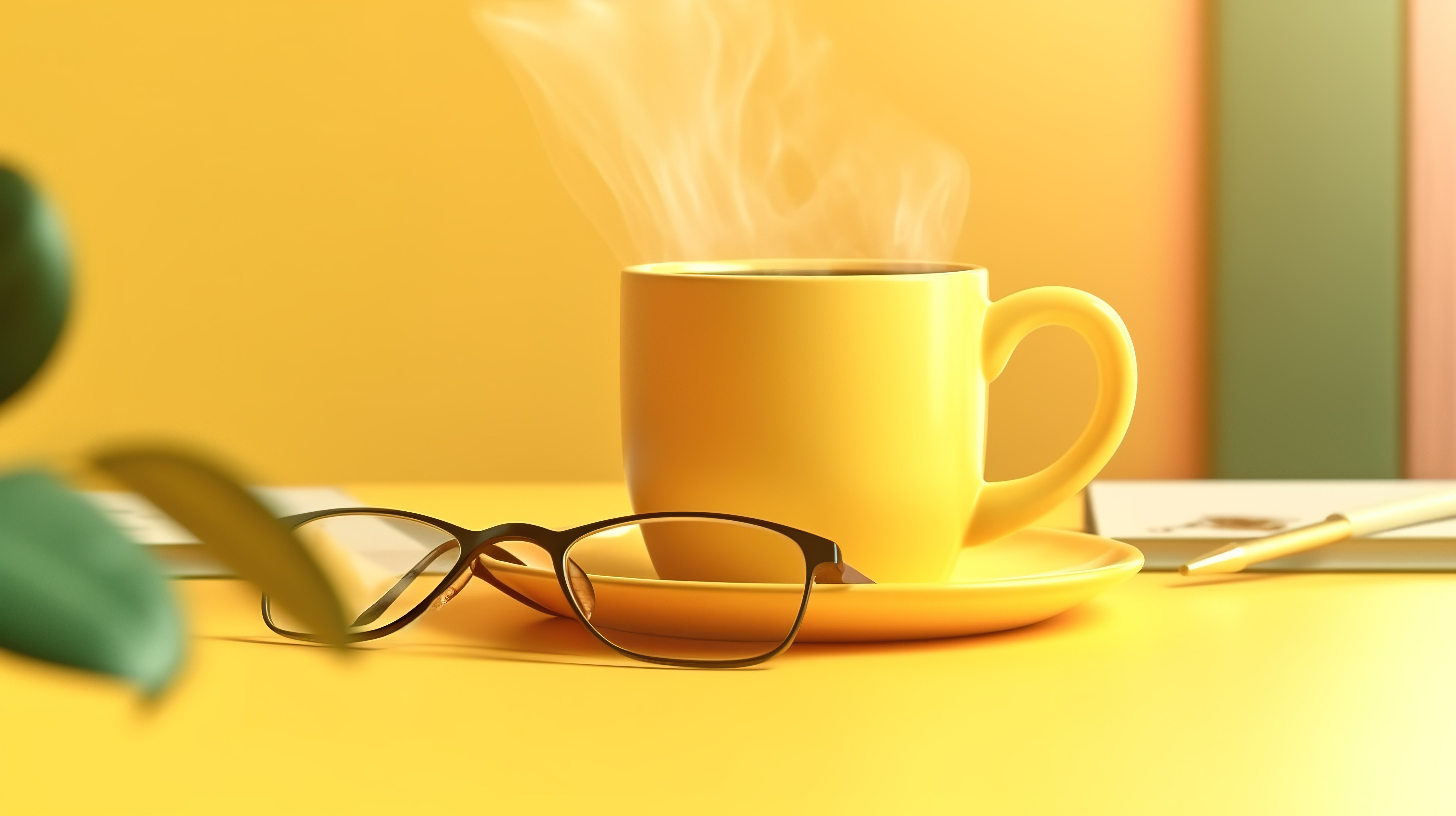 黄色杯子装满黑咖啡，代表 3D 渲染概念中的高效工作和创意休息时间图片