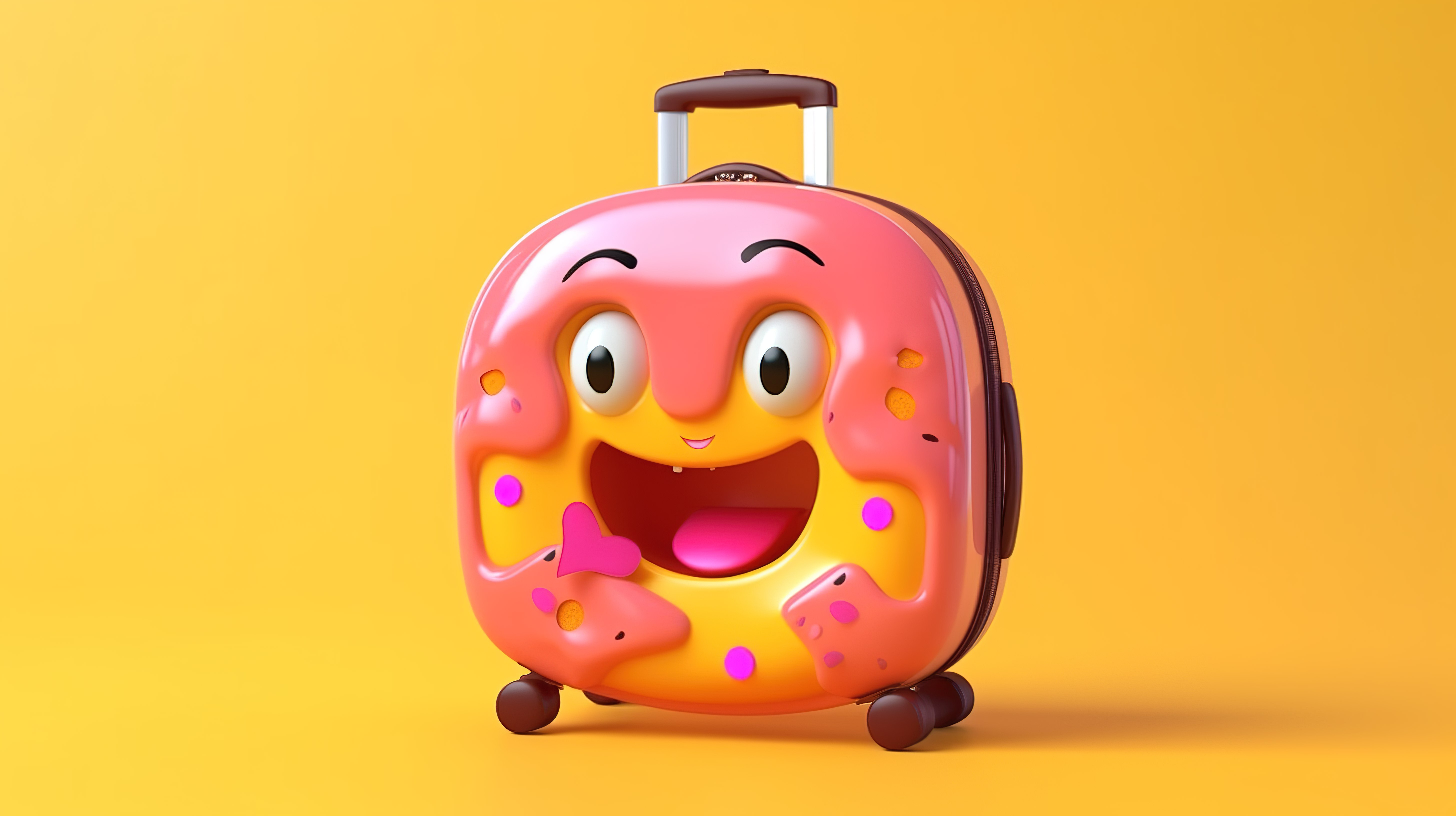 黄色背景上携带橙色旅行箱的粉色釉面甜甜圈角色吉祥物的 3D 渲染图片