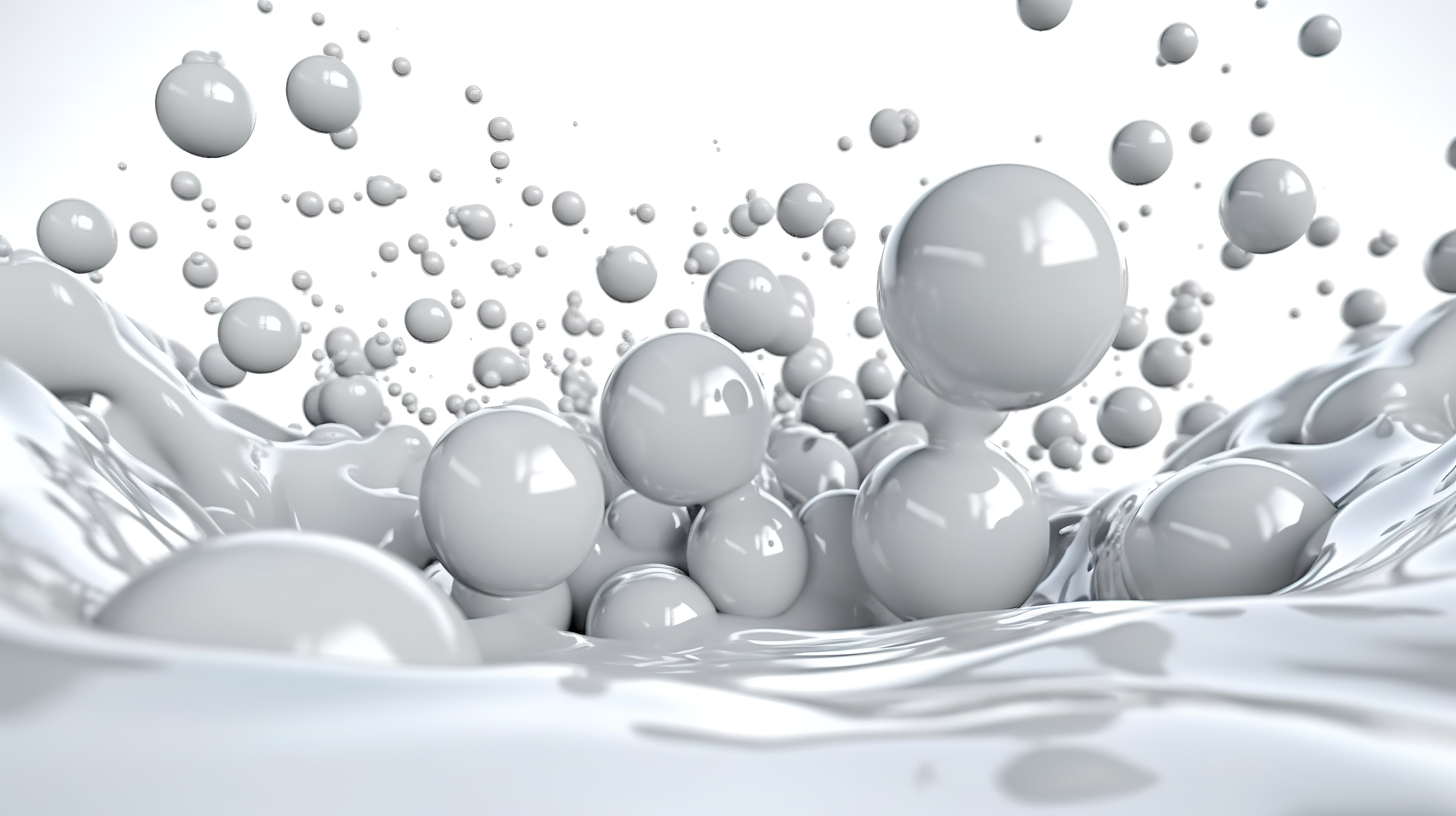 带有落球和冒泡雨的白色液体的 3D 抽象插图图片