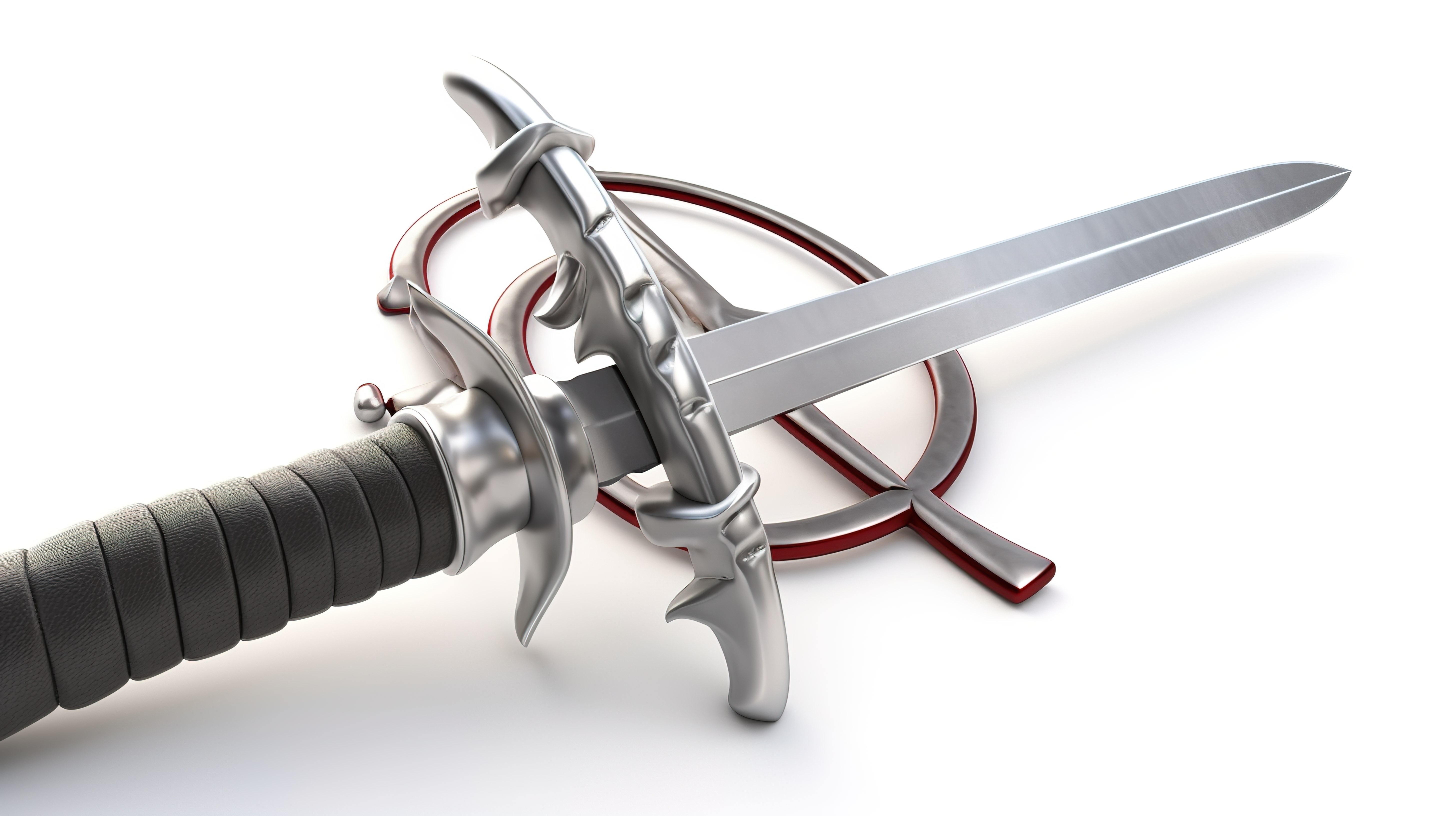 白色背景上禁止符号和剑的 3D 插图图片