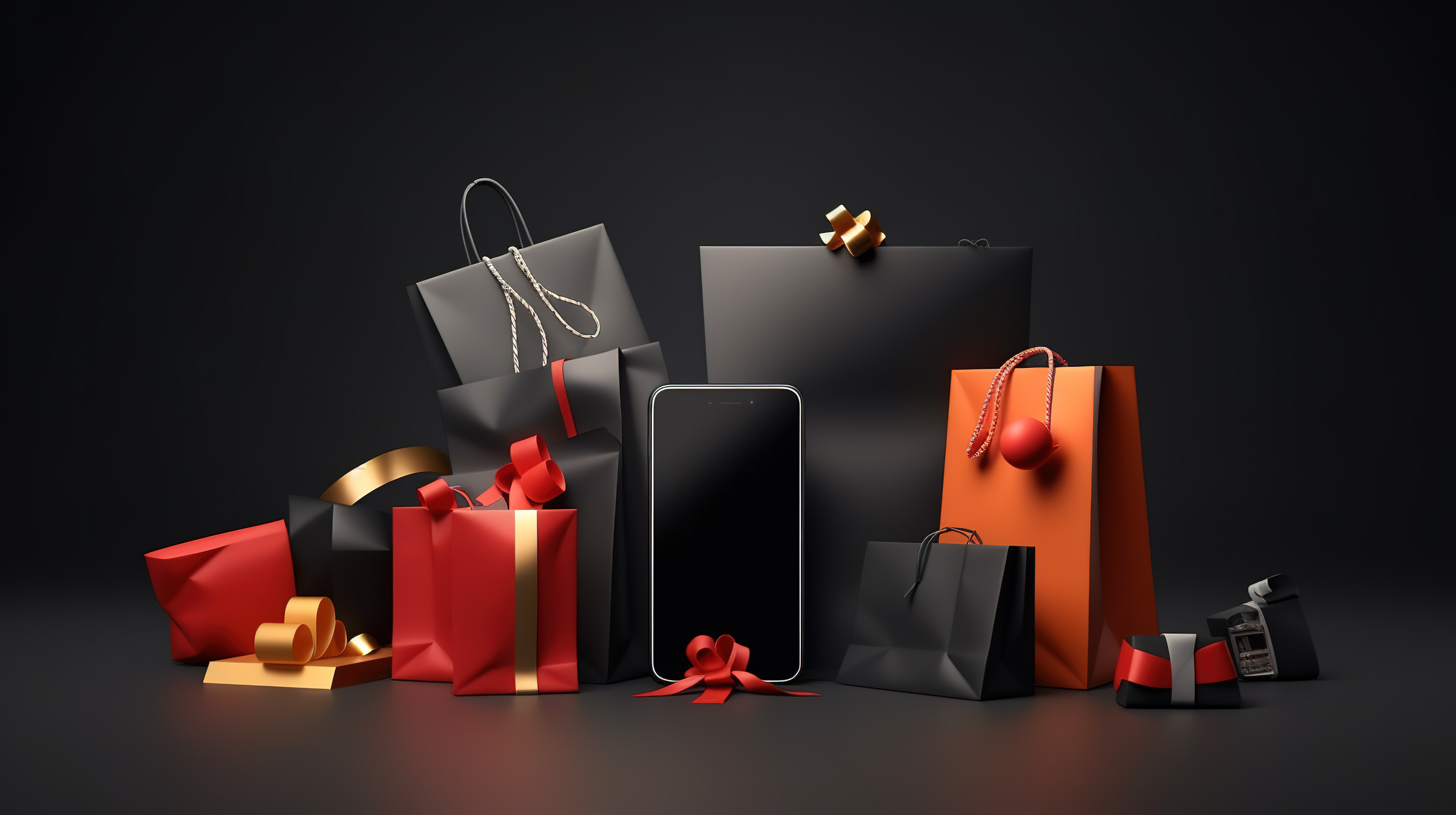 黑色星期五购物盛宴的 3D 插图，以智能手机购物袋信用卡和礼品为特色图片