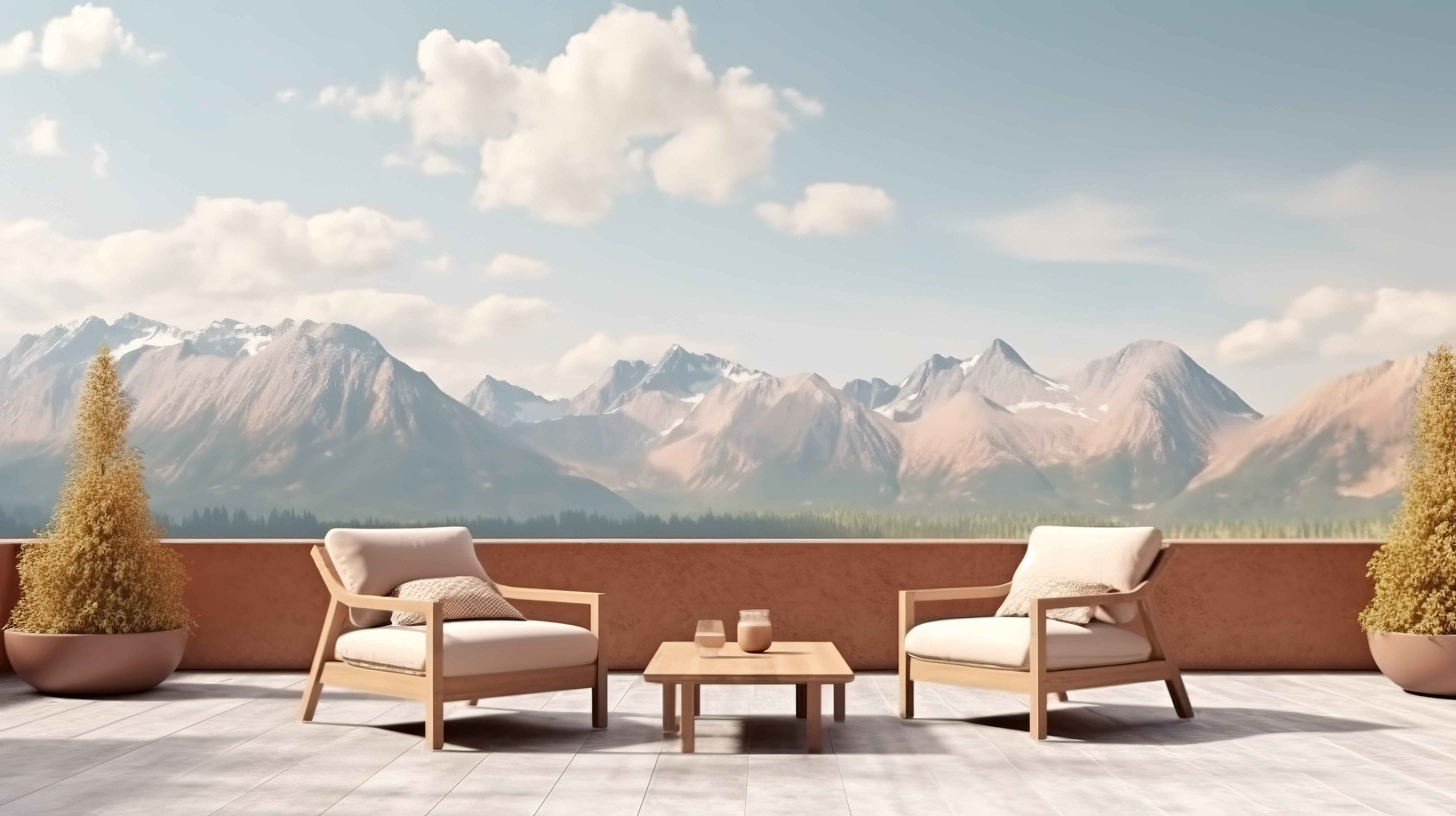 令人惊叹的山景照亮了带座椅的最小户外休息室露台 3D 插图渲染图片