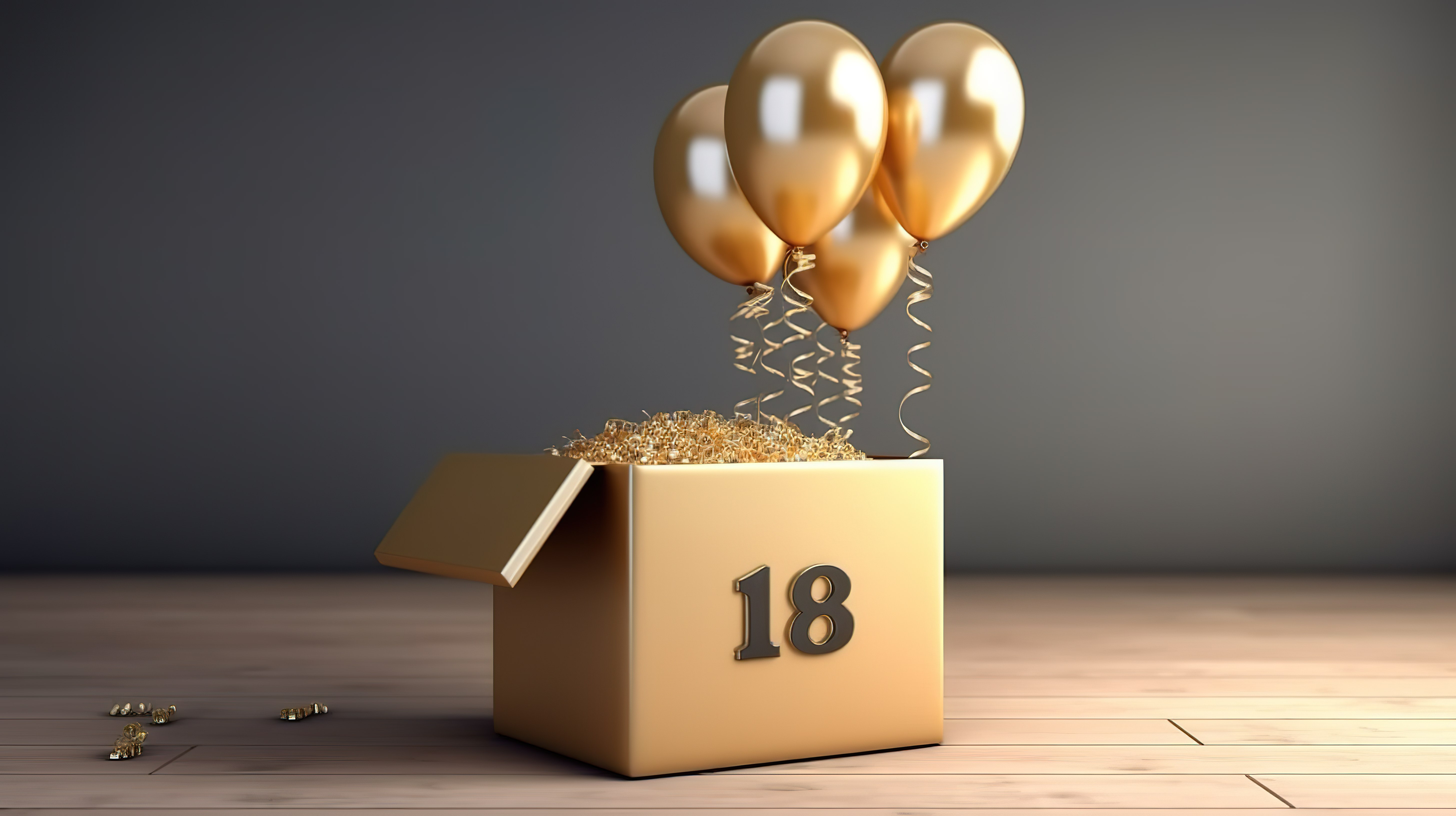 3D 渲染金色惊喜气球和盒子，用于 18 岁生日庆祝活动图片