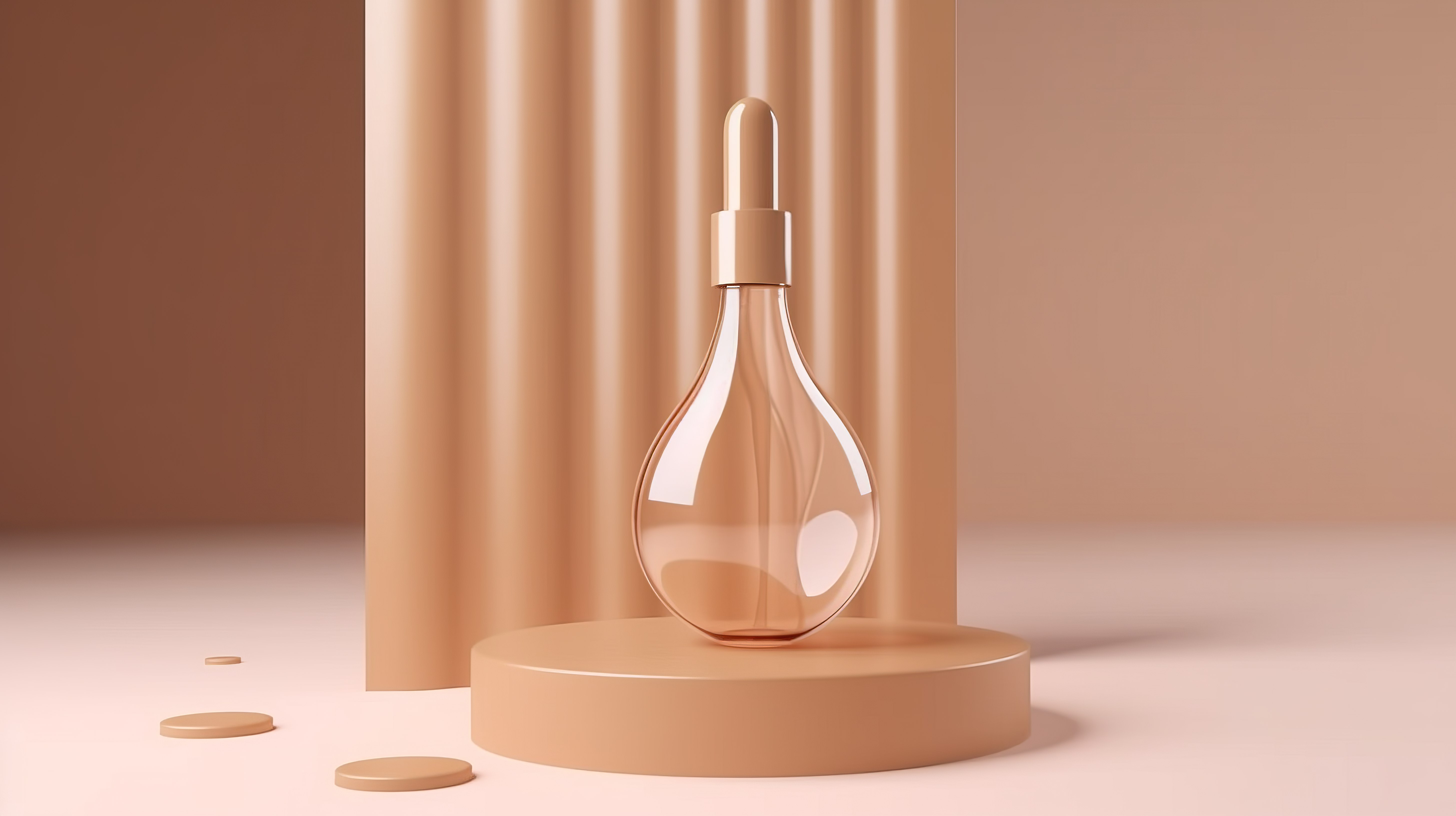 时尚米色背景上的升高水滴瓶，以 3D 渲染展示精致的美容护肤品包装图片