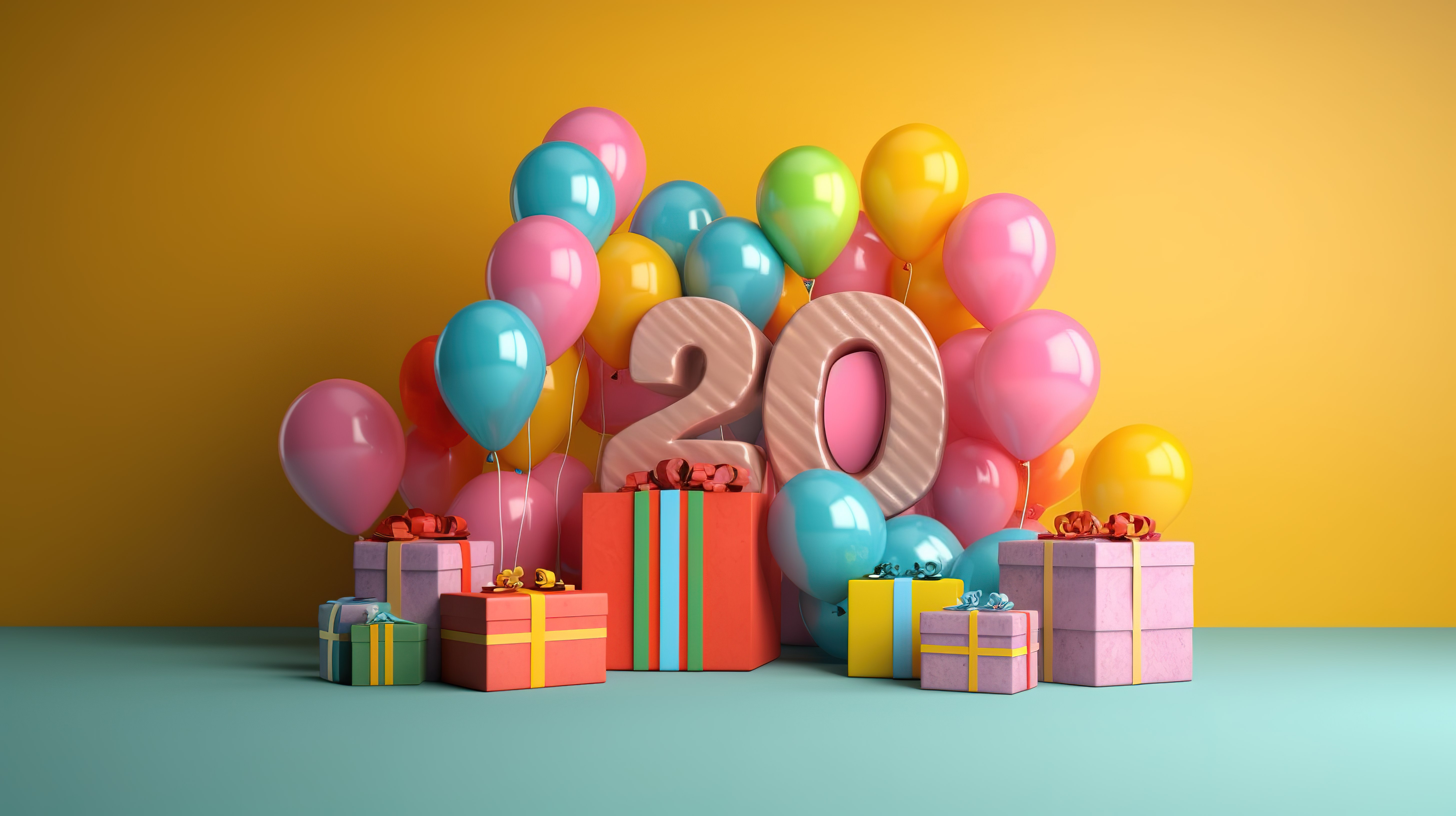 3D 渲染中用气球和礼物布置的快乐生日庆典图片