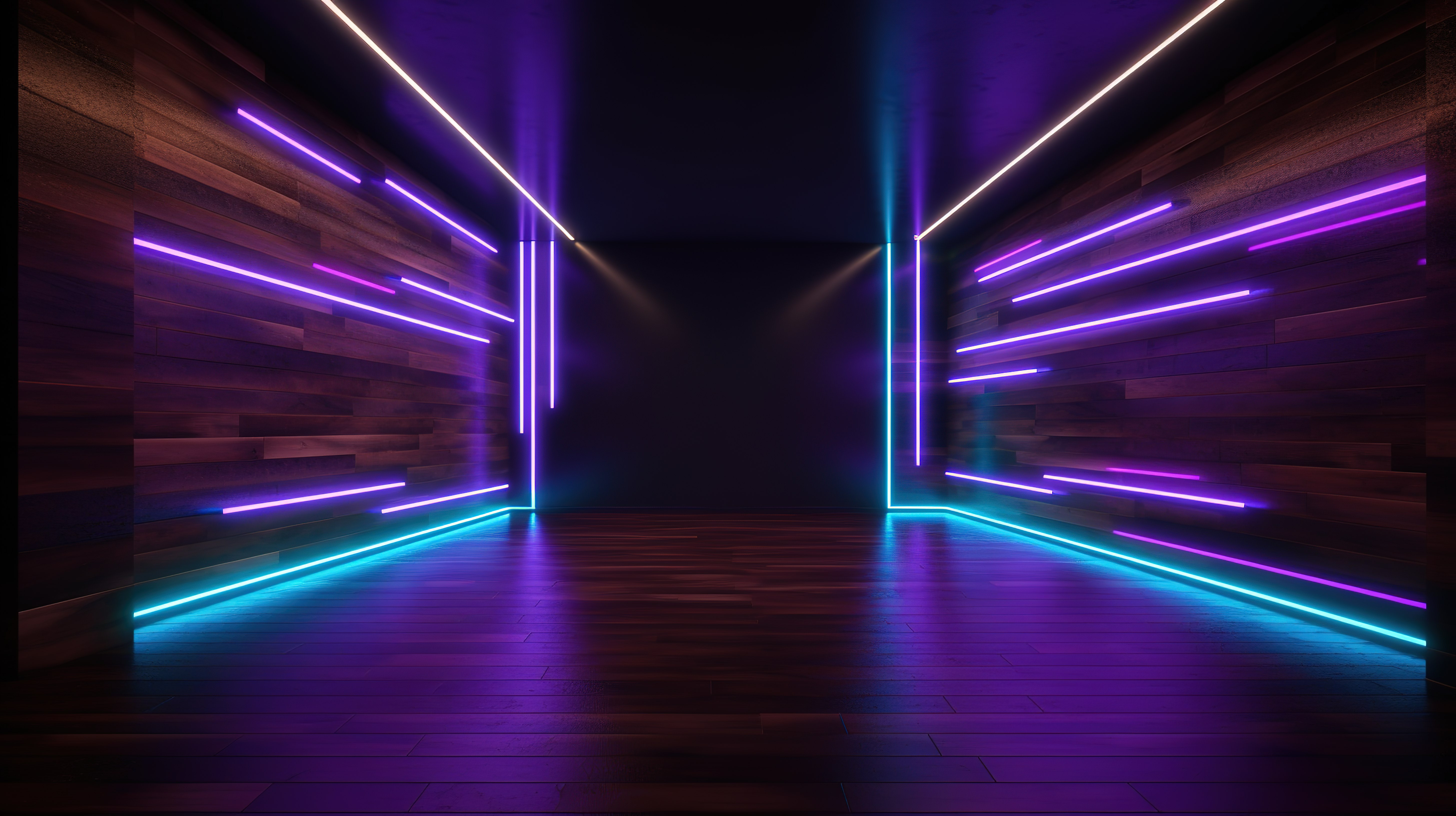 发光的霓虹灯照亮了未来派俱乐部，木墙营造出深紫色和蓝色的氛围 3D 插图图片