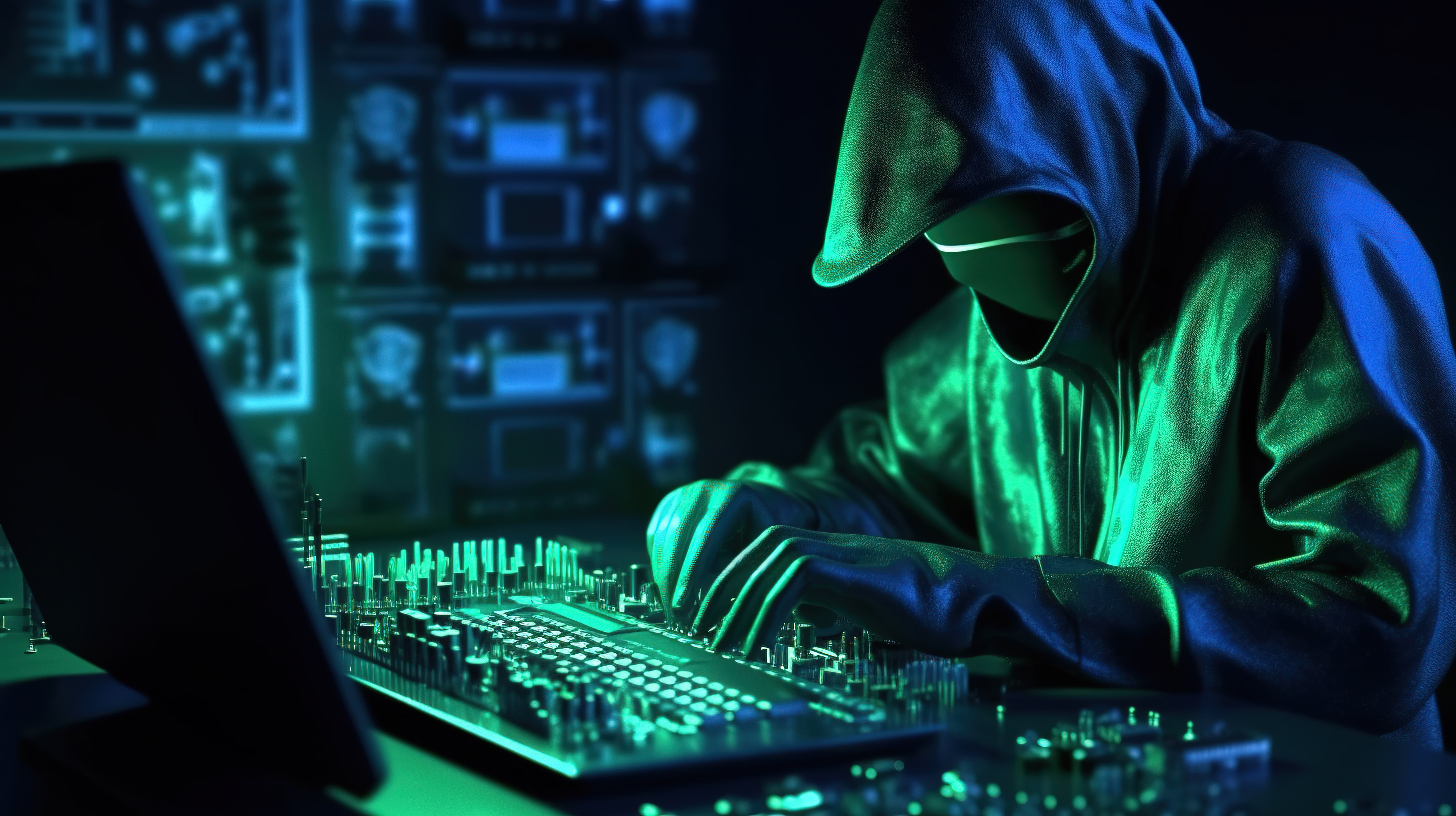 从事计算机黑客攻击的网络犯罪分子的 3d 渲染图片