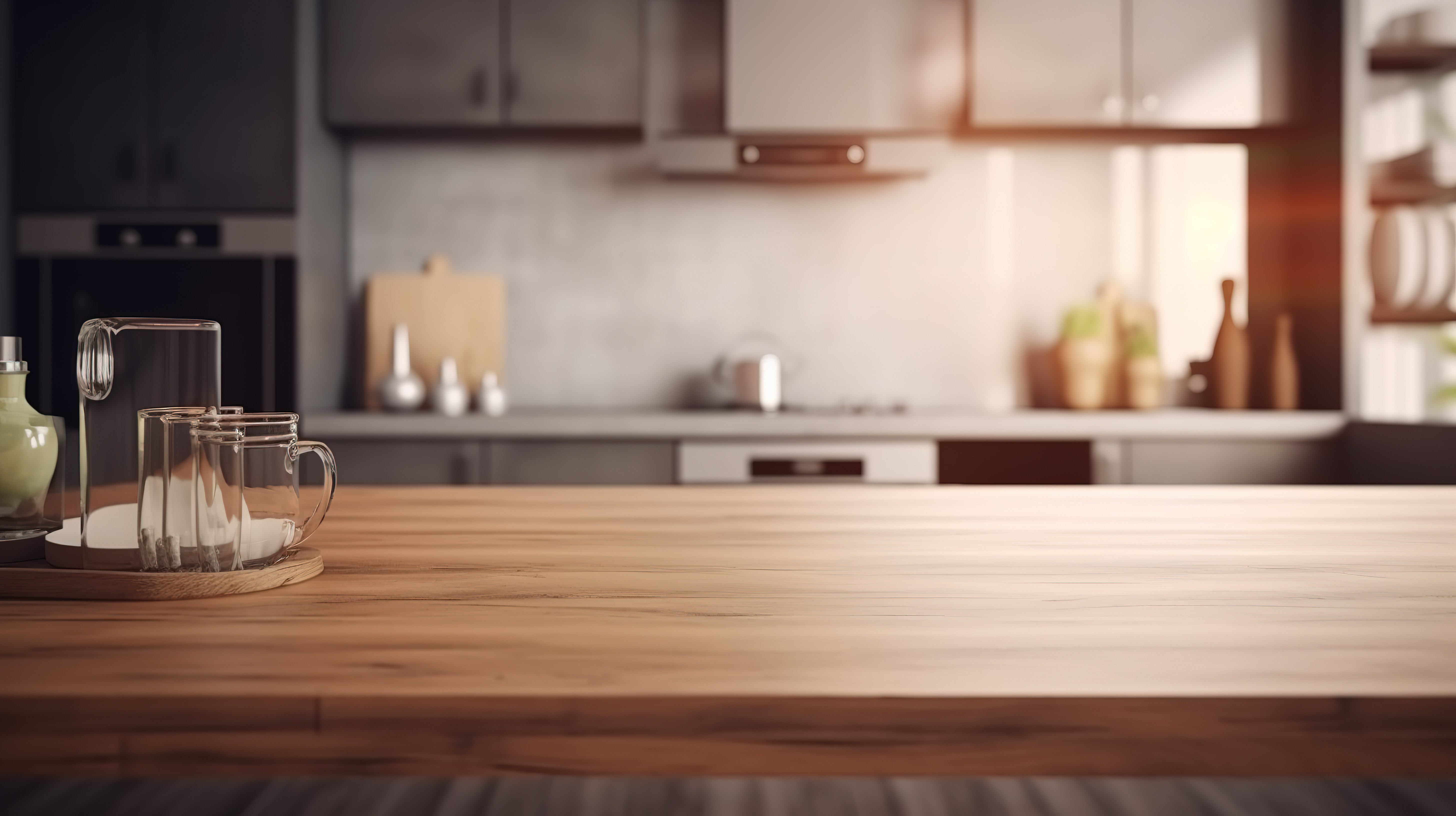 厨房桌子上的空白空间与背景中模糊的现代厨房房间 3D 可视化相对应图片