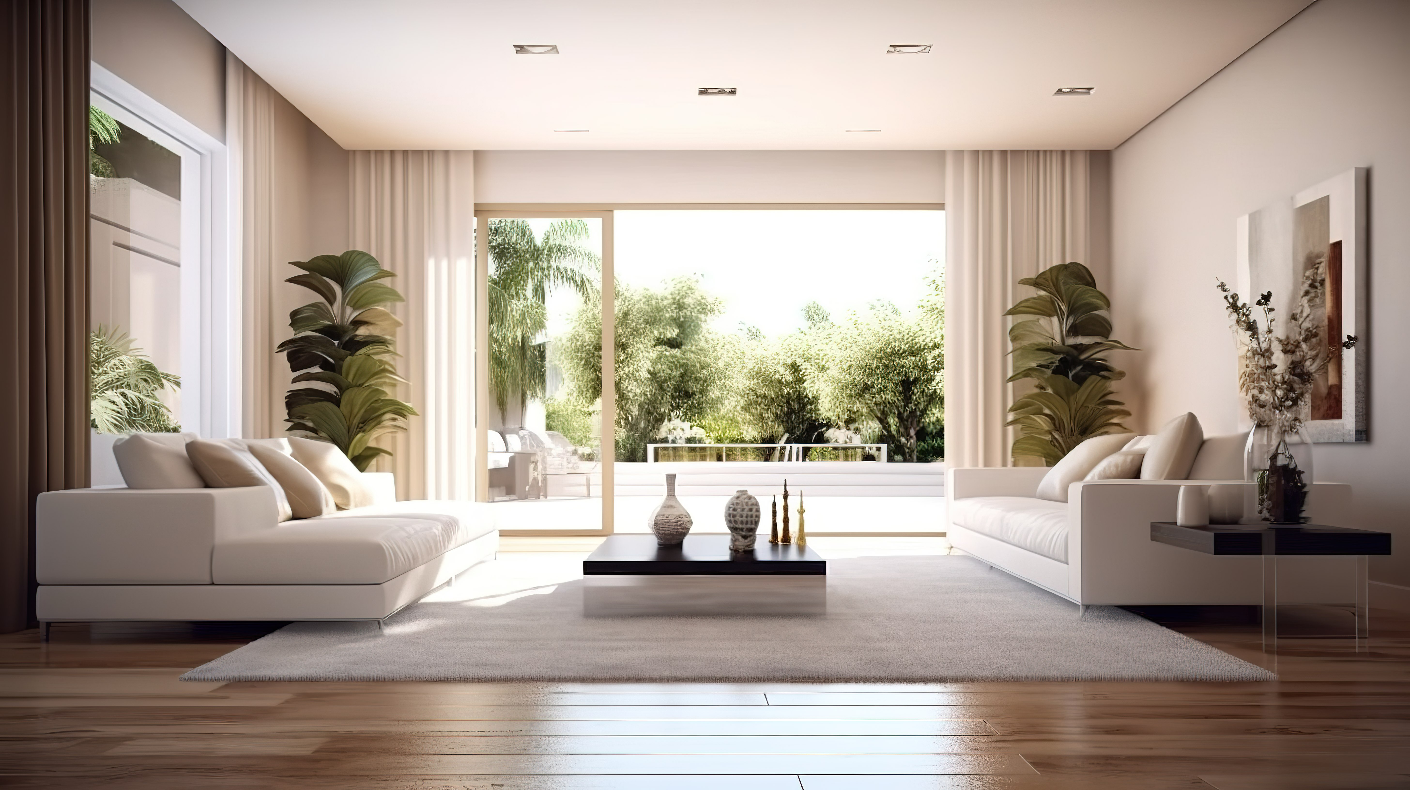 现代别墅客厅 3d 空间渲染，配有时尚沙发和躺椅图片