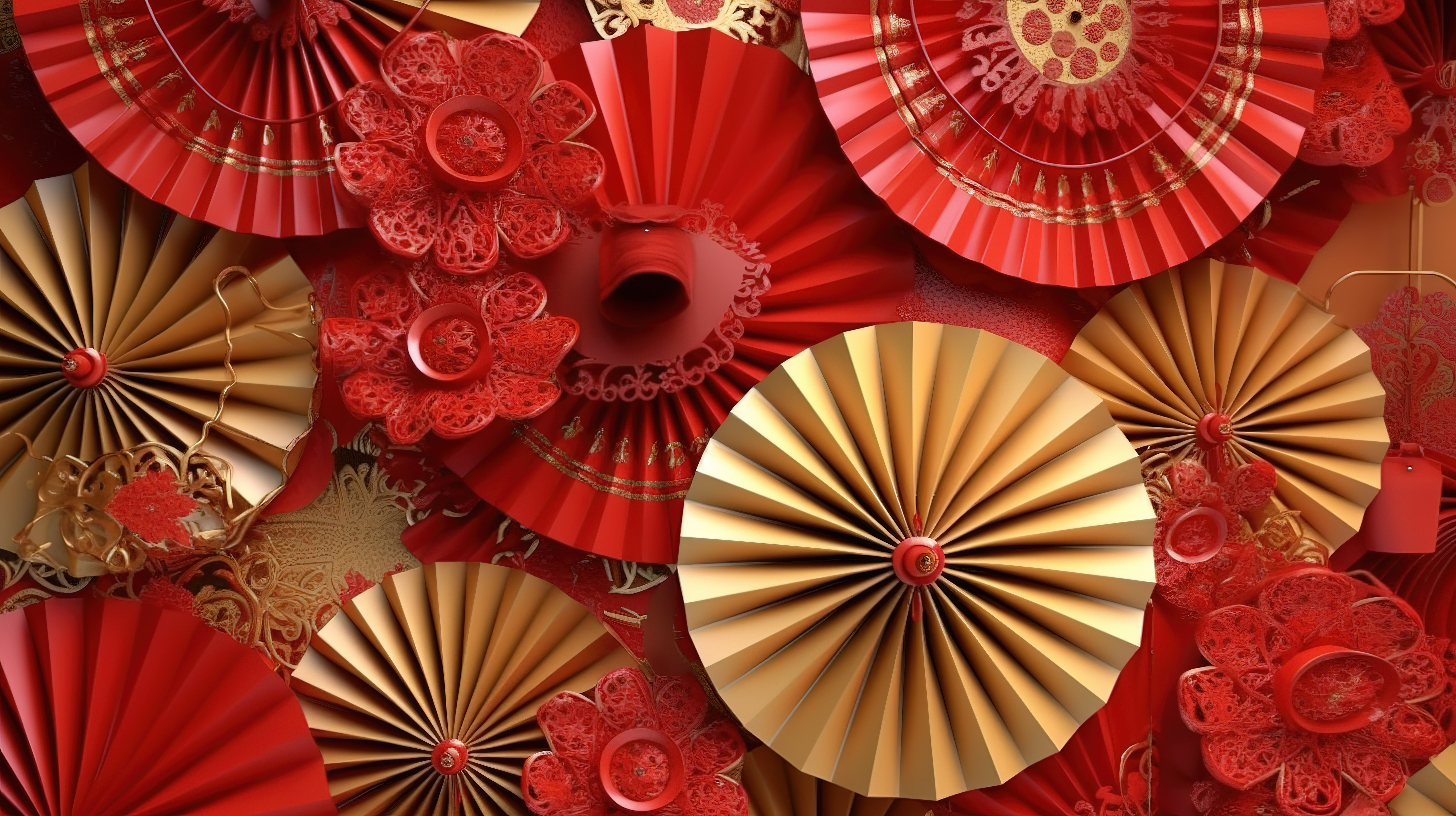 3D 渲染的红色和金色中国新年扇子装饰品图片