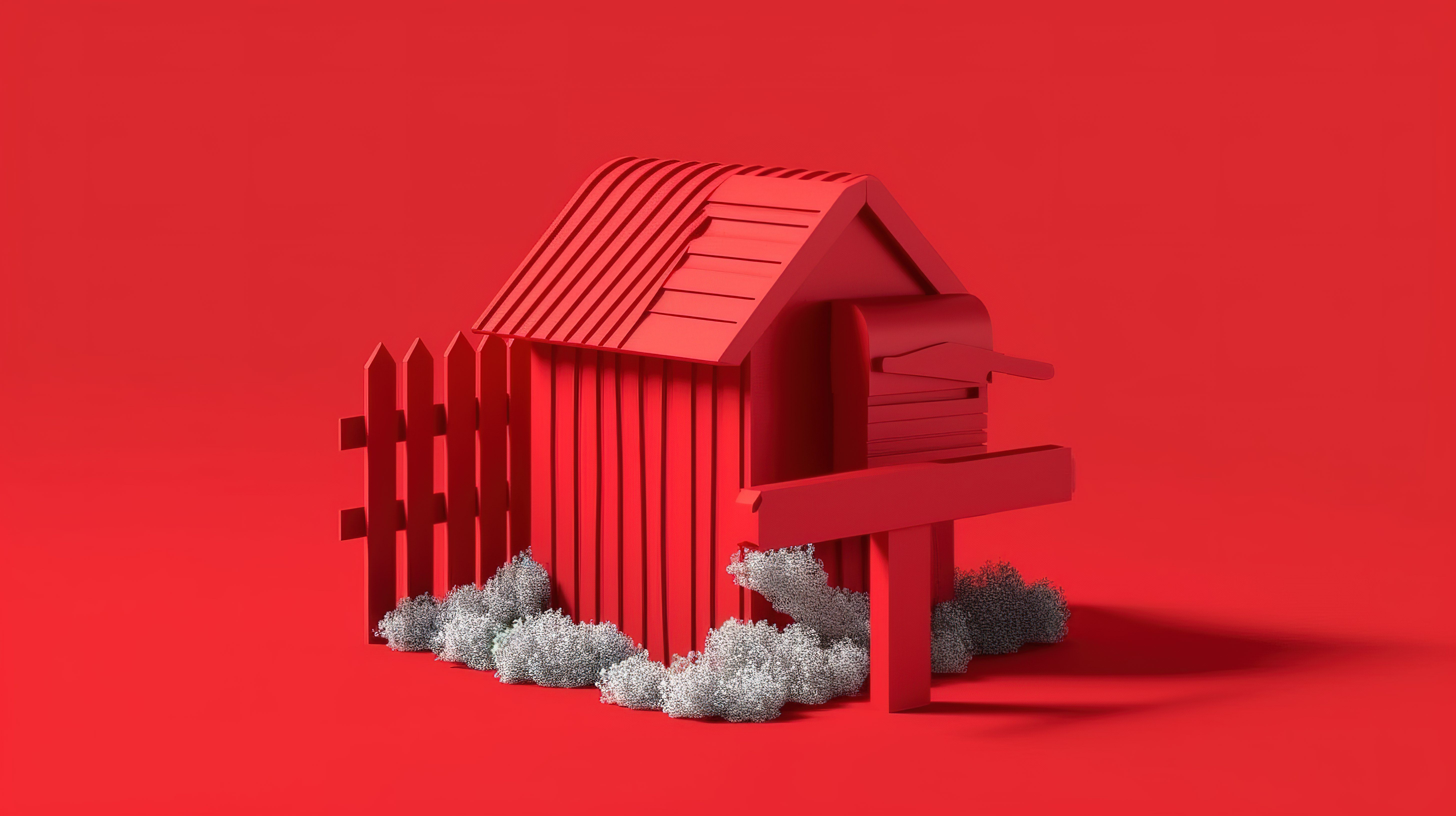花园围栏的红色单色 3D 图标，带有红色背景的邮箱图片