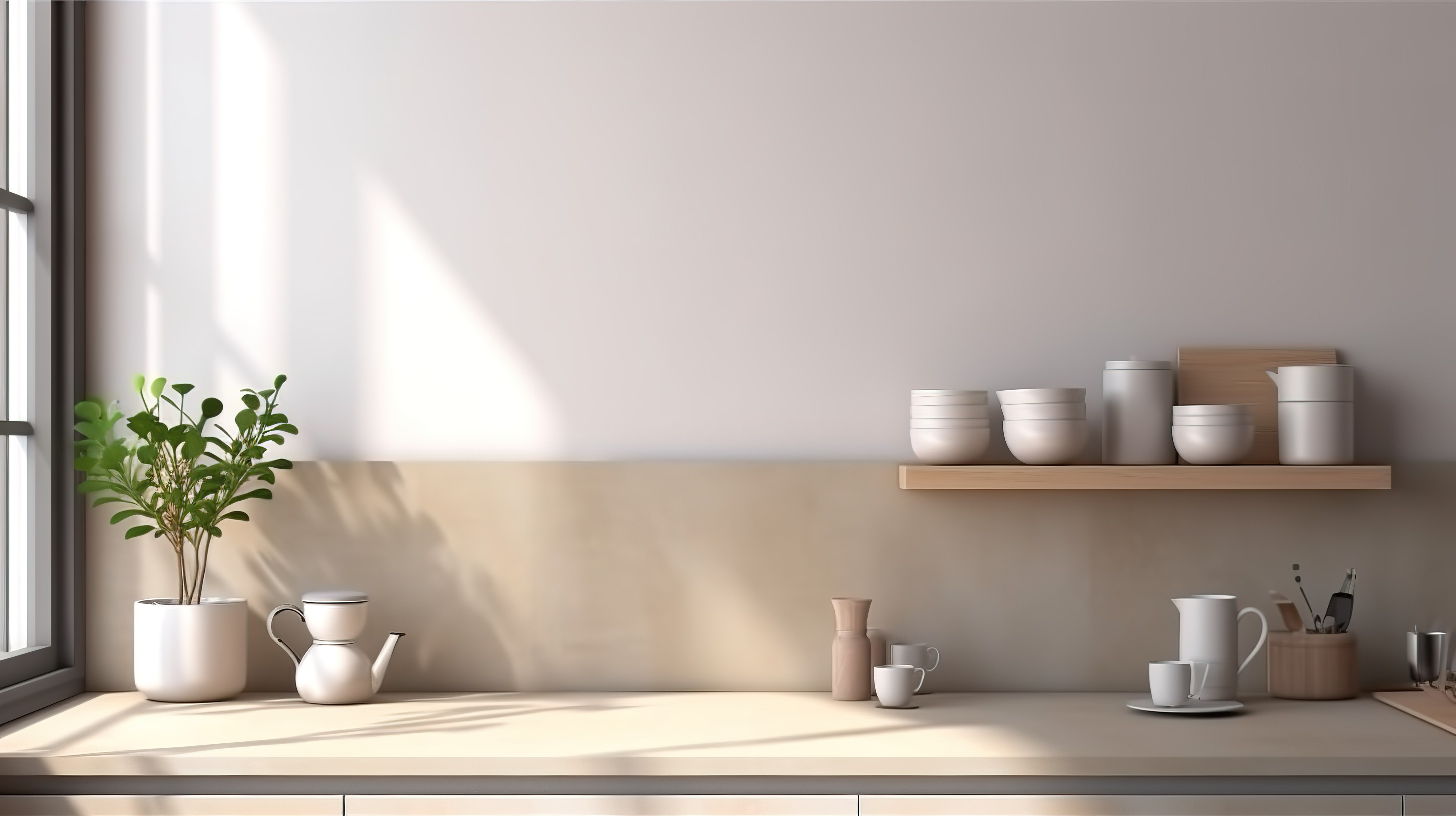 现代风格厨房内部的 3D 渲染与浅米色背景样机图片