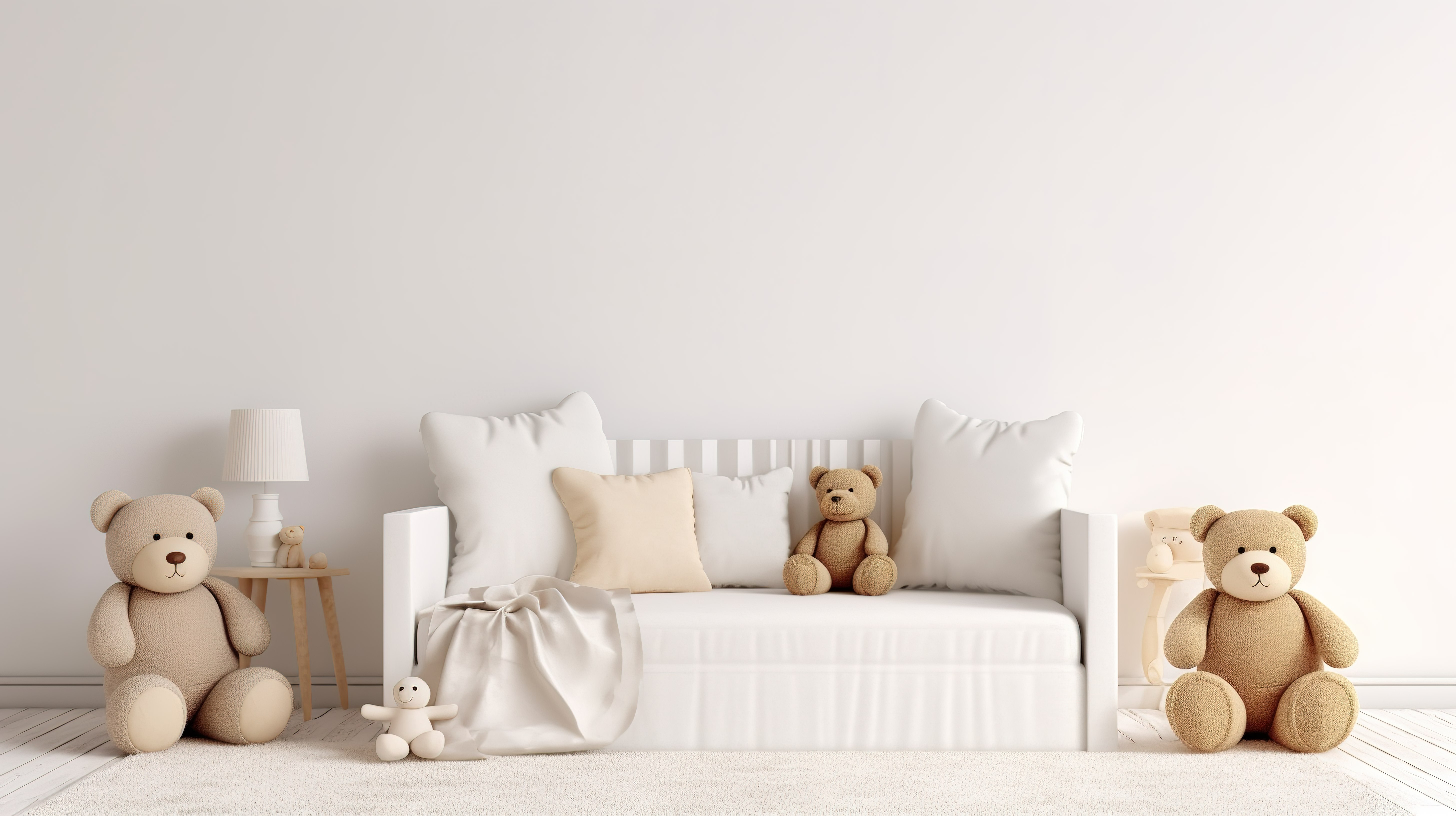 舒缓的白色托儿所，配有毛绒婴儿床舒适的沙发和可爱的毛绒动物 3D 渲染设计图片