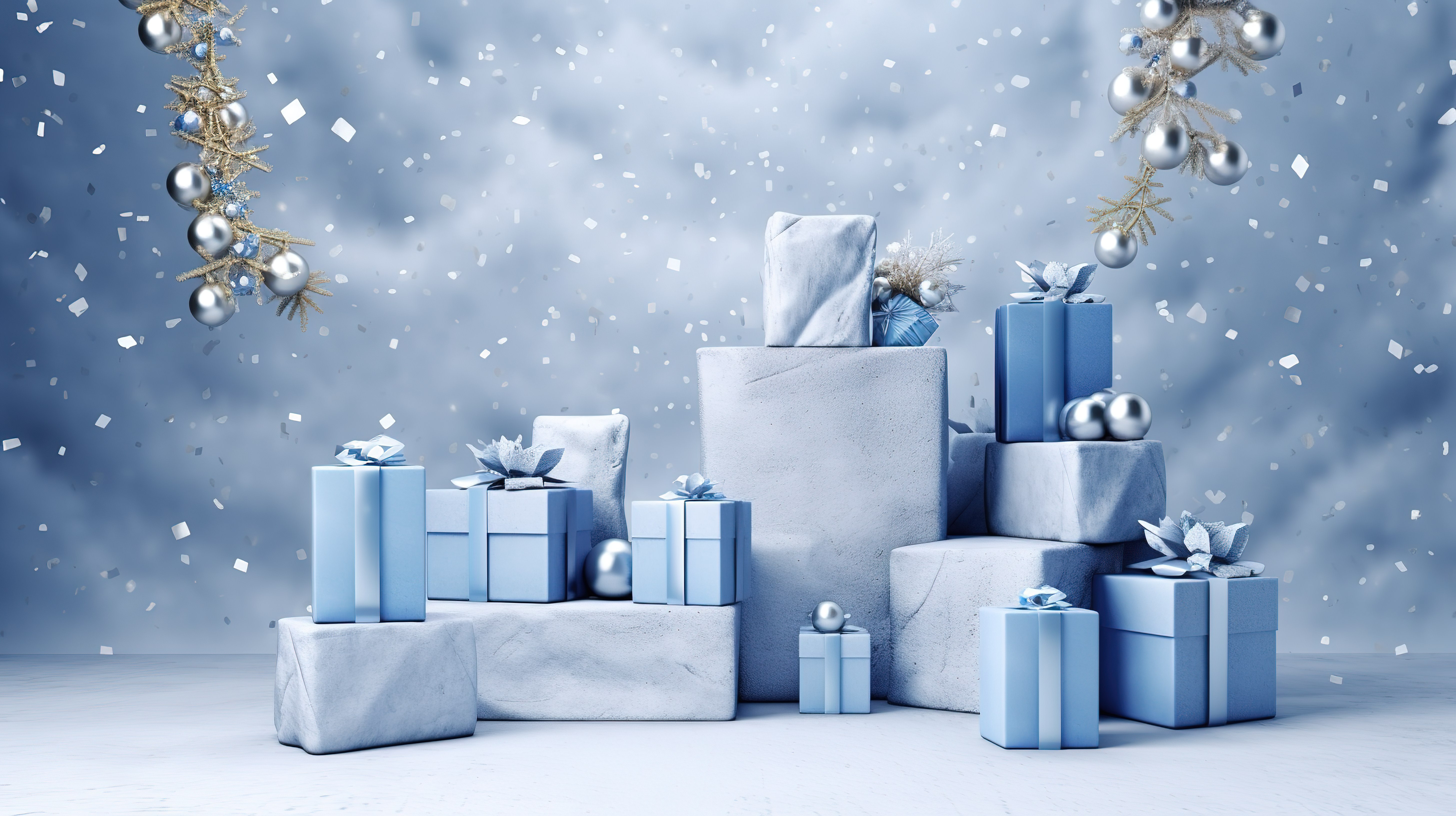 创意模拟节日 3D 讲台，配有蓝色和白色抽象设计圣诞雪花和礼品盒图片